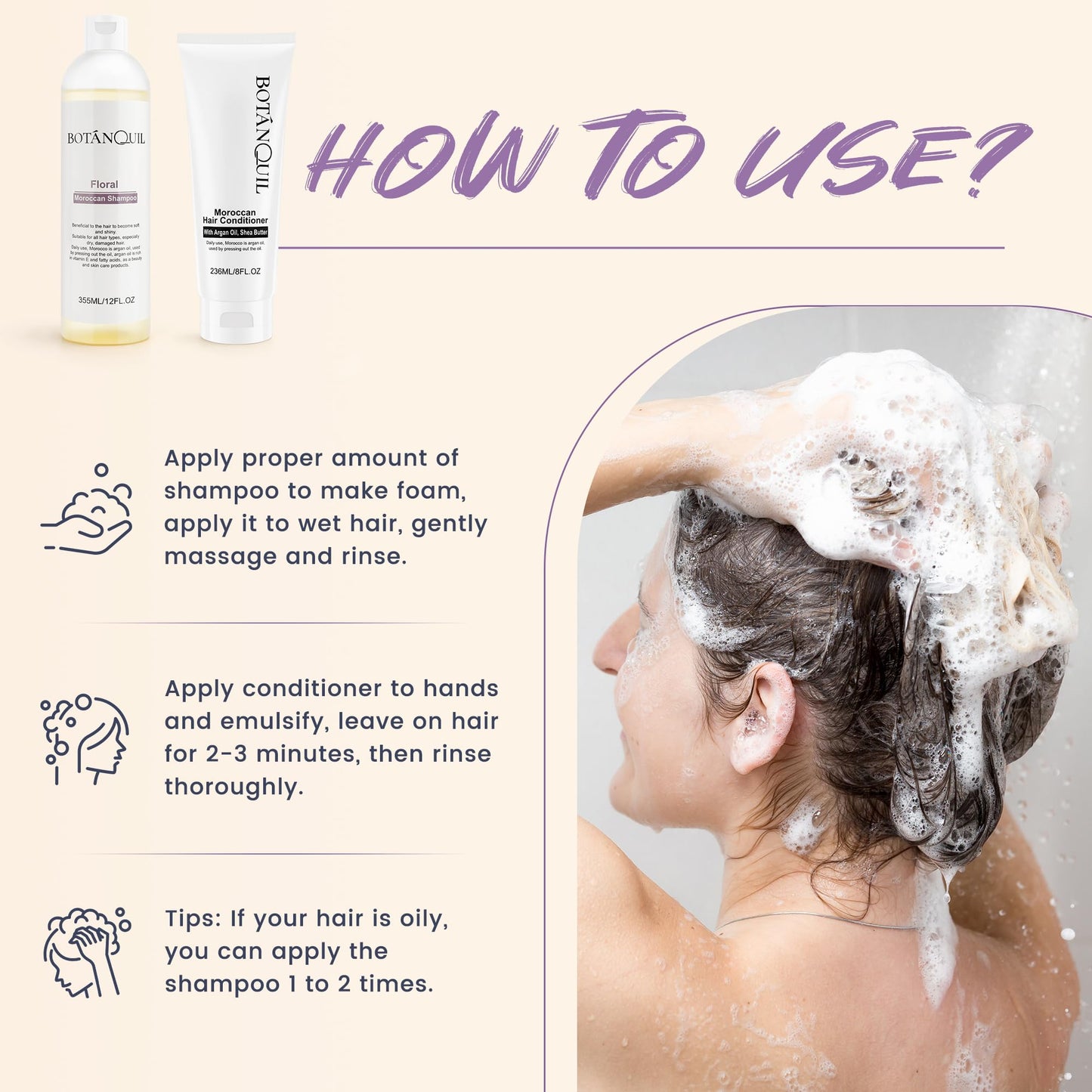 BOTANQUIL Moroccan Shampoo and Conditioner Set with Argan Oil, Shea Butter & Hyaluronic Acid Plant Based Gentle Cleansing for Dry, Damaged Hair, Hair Hydrating Anti Frizz- Floral Scent