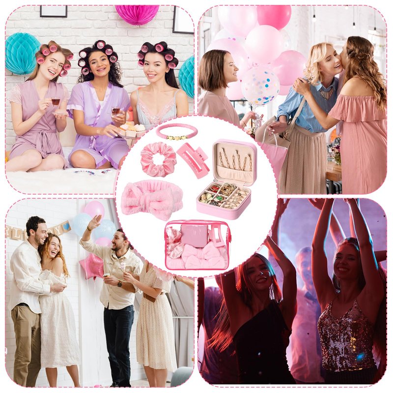 Liliaafar 36 Pcs Teen Girl Party Favors Preppy Gifts Sets Bulk 6 Friendship Bracelets 6 Bow Spa Headband 6 Scrunchies 6 Hair Clip 6 Jewelry Cases 6 Makeup Bags for Women Friend Preppy Gifts(Pink)
