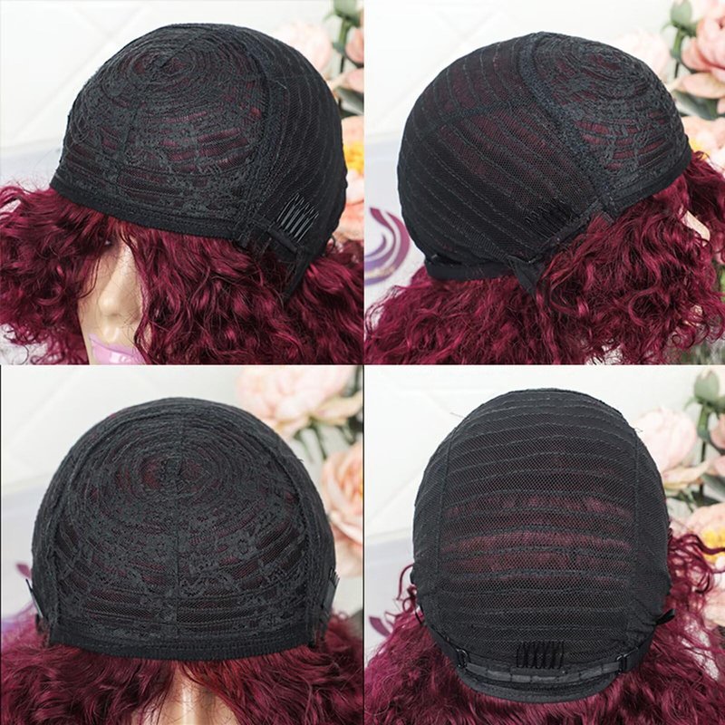 IMAYLI Curly Bob Wig with Bangs 10inch Short Curly Wigs for Black Women Human Hair 180% Density Glueless Water Wave Brazilian Hair wigs None Lace Front Wig P4/30