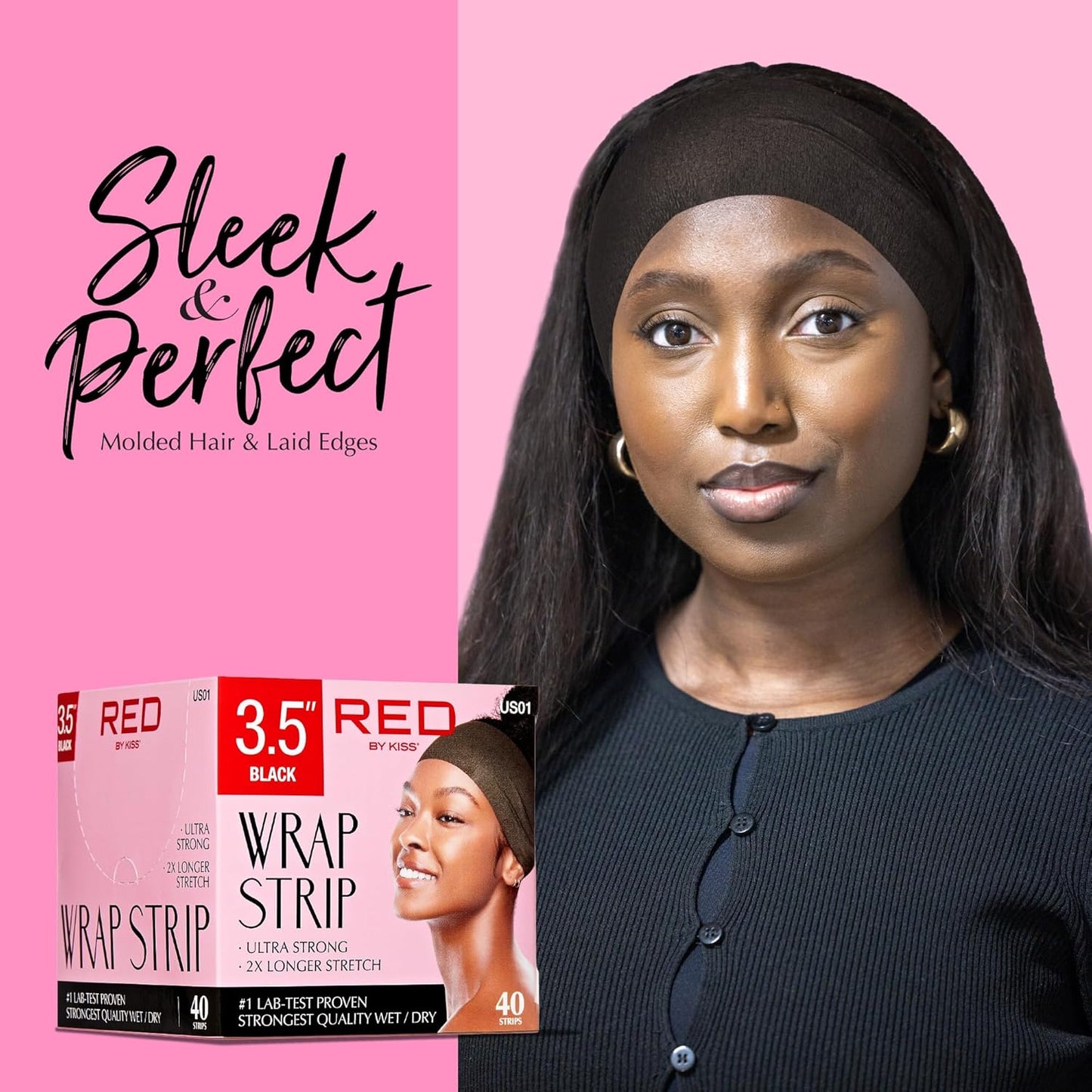 Red by Kiss Hair Wrapping Strip, Ultra Strong 2X Longer Stretch, 40 Strips, Suitable for Wet/Dry Hair, White, Styling Paper for Sleek Hairstyles (3.5", Black, 1 PACK)
