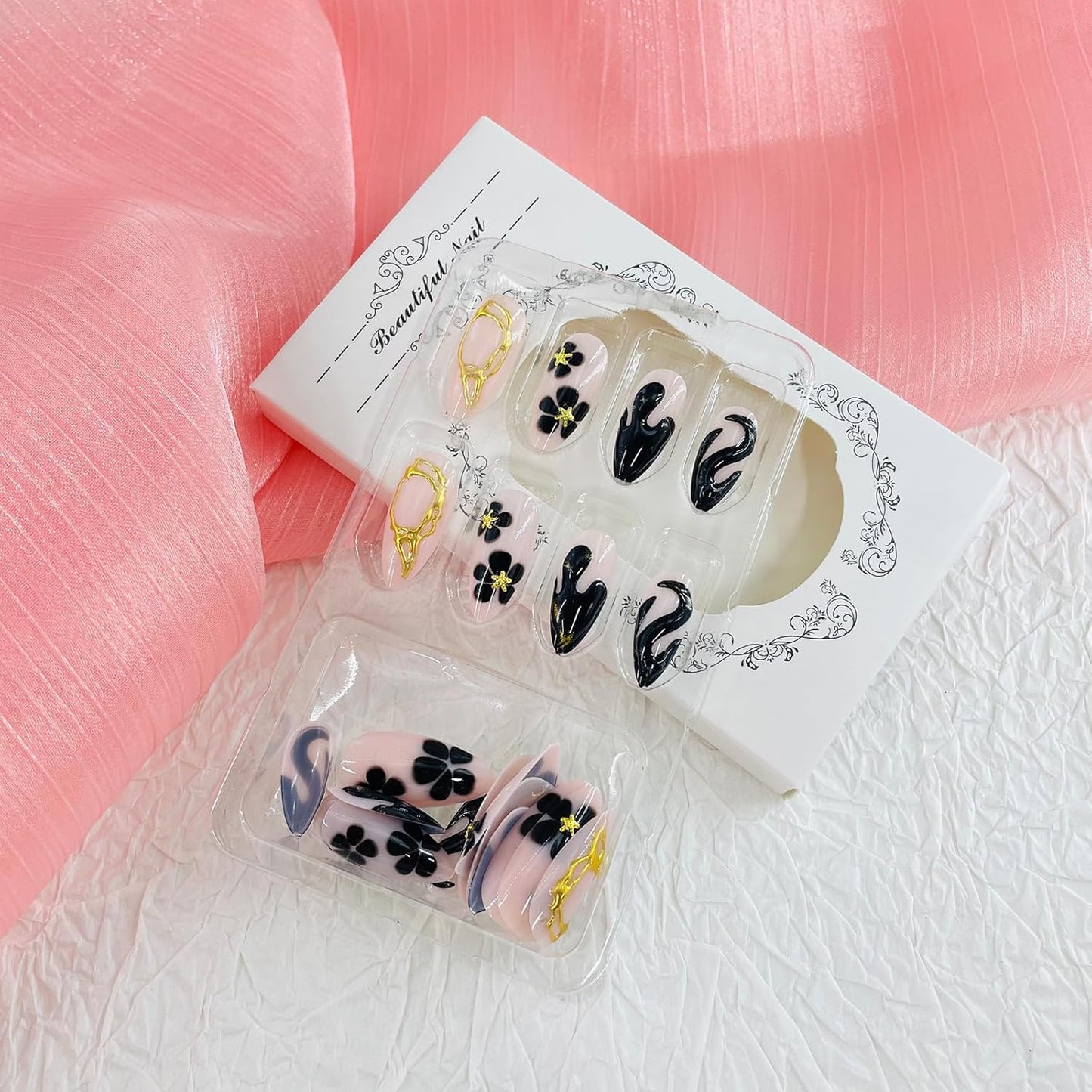 French Tip Almond Press-On Nails with Gold Bow | Reusable Glossy Acrylic False Nails for Women