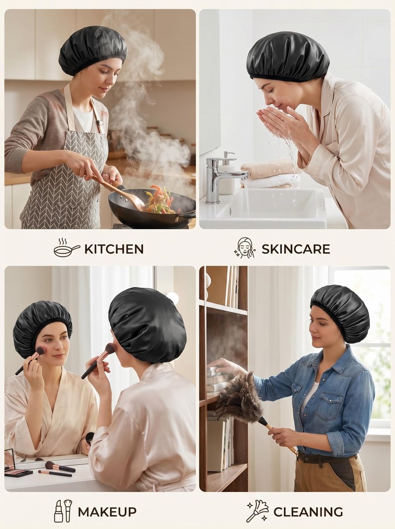 Aquior Shower Cap,Terry Lined Shower Cap for Women Reusable, Triple Layer Waterproof Bath Cap, Extra Large for Women Long Hair(Black)