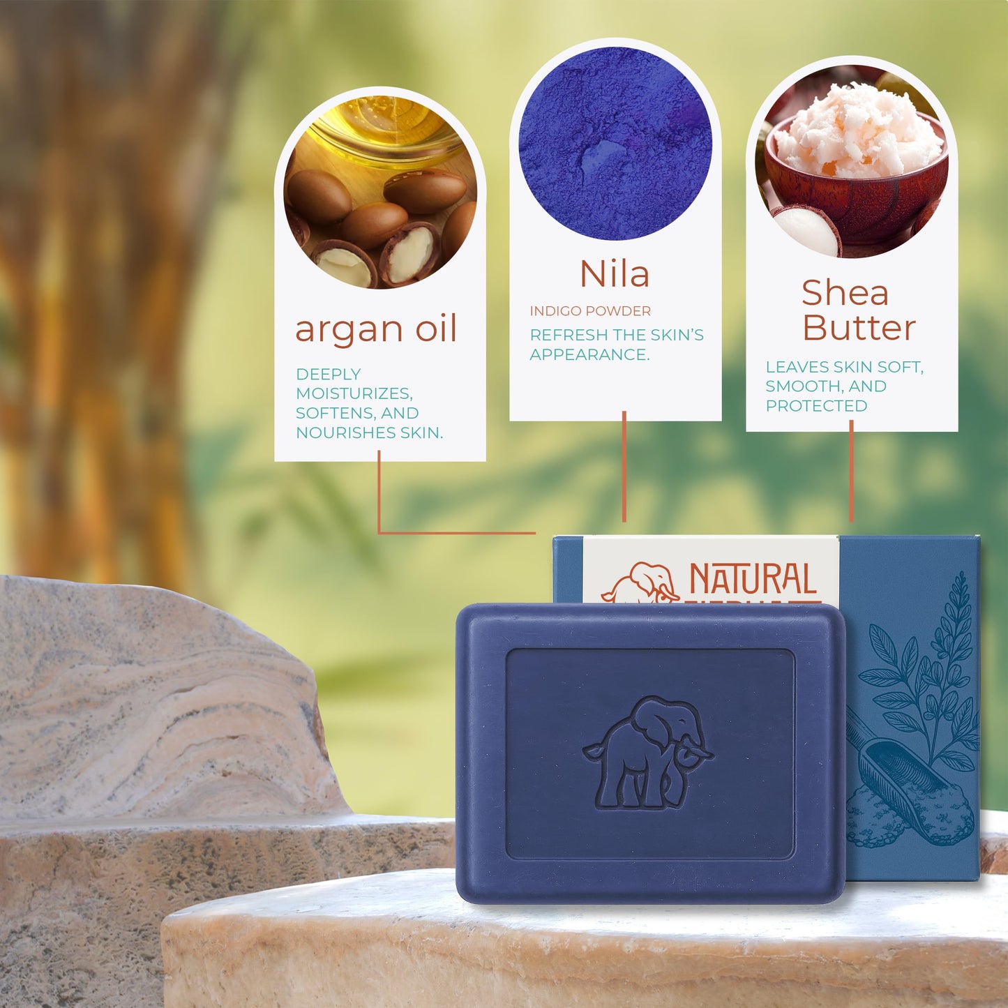 Natural Elephant Nila Bar Soap Cleanser | 3.52oz (100g) | Moroccan Nila Zarka Indigo