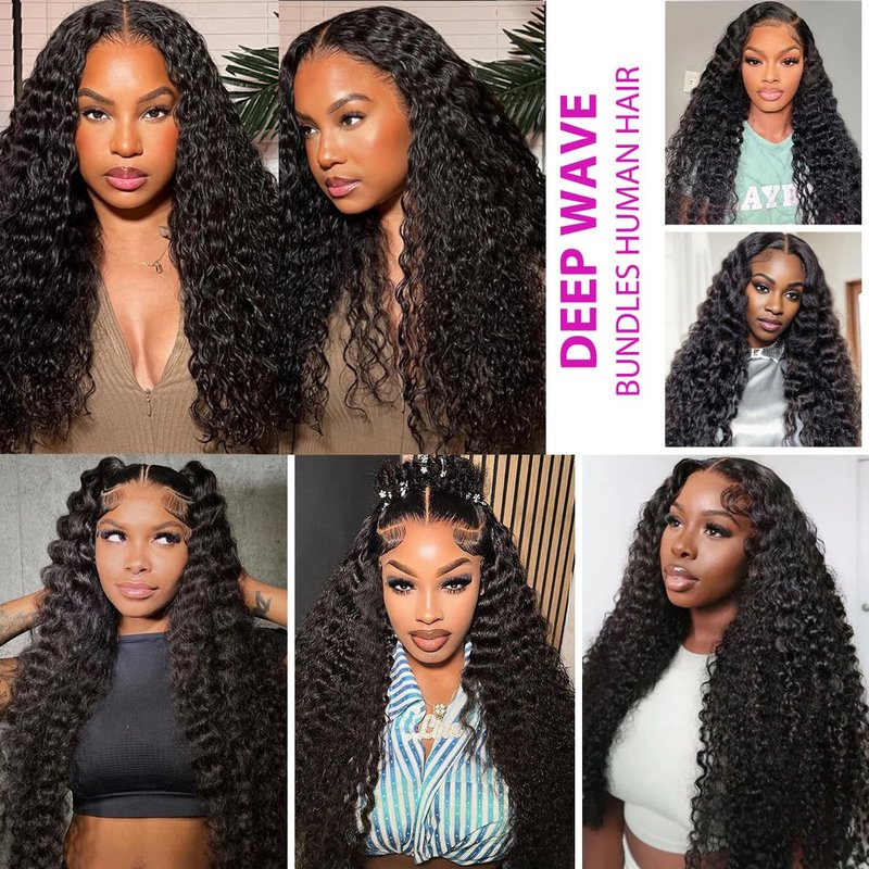 1 Bundle Human Hair 12A Deep Wave Bundles Human Hair 22 Inch 100% Unprocessed Brazilian Virgin Hair Quick Weave Bundles Real Human Hair Extensions Natural Black