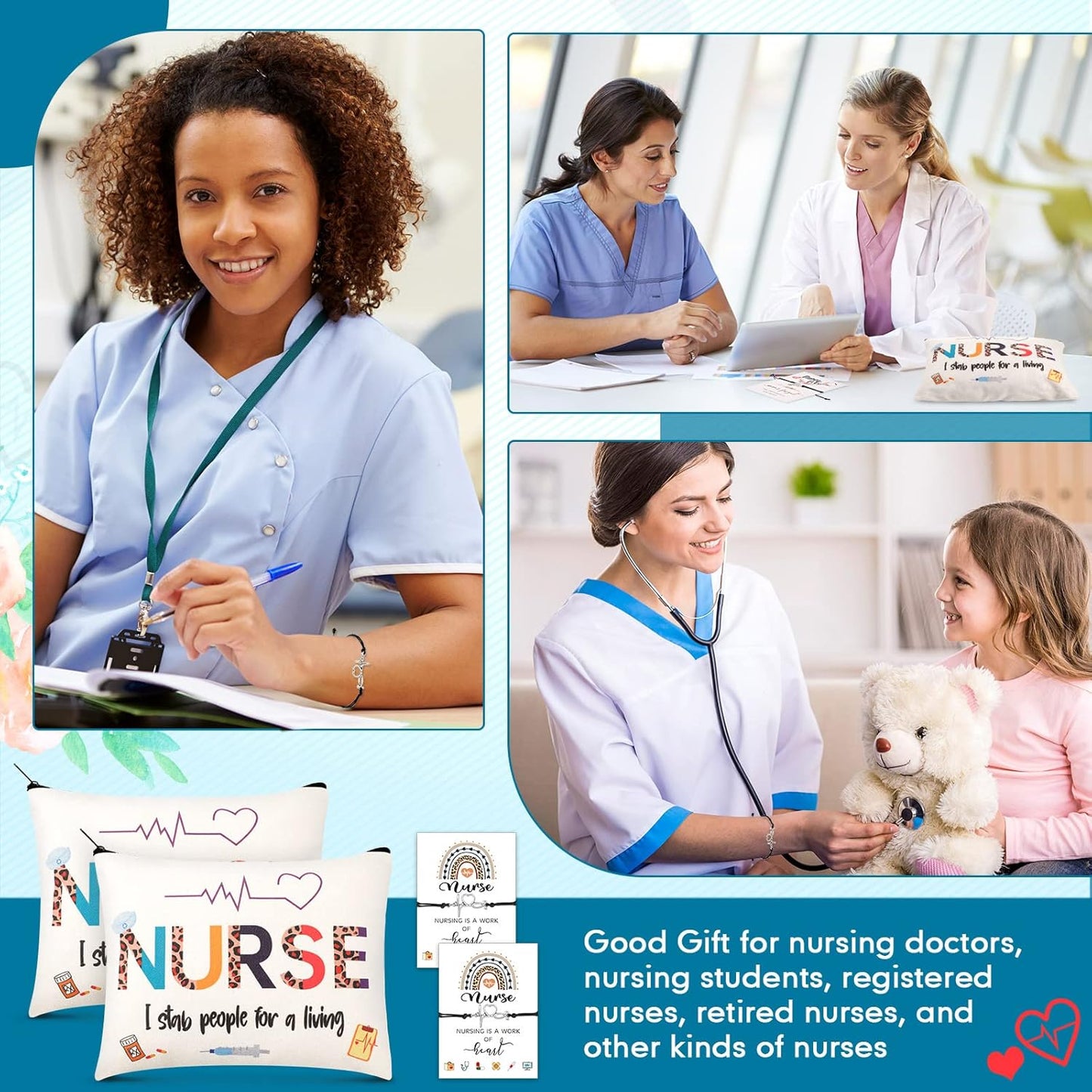 Nurse Appreciation Gift Set - 32 Pcs Canvas Makeup Bags & Blessing Card Bracelets | Perfect for Nurse Week & Christmas