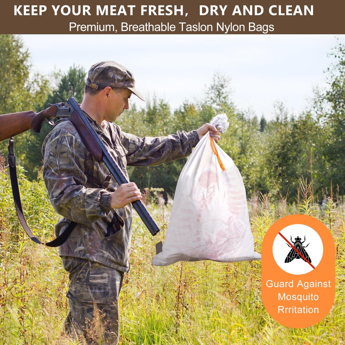 Deer Game Bags Elk Hunting Bags Taslon Meat Bag Reusable 33-Inch Heavy Duty Drawstring Hunting Meat Bags Game Quarter Bag with Reflective Strip, 5 Pack