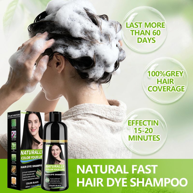RKQNIER Black Hair Dye Shampoo for Women & Men, 10 Min Gray Coverage, 3 in 1 Semi-Permanent Hair Color Shampoo with Natural Herbal Ingredients