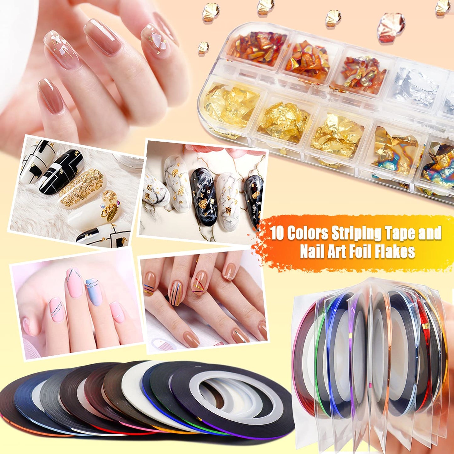 Nail Art Design Tools - 3D Decorations Kit with Brushes, Dotting Tools, Holographic Stickers, Nail Foil Tape, Rhinestones and Pick-Up Tweezers