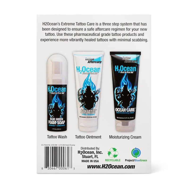 H2Ocean Extreme Tattoo Aftercare Kit | 3-Step Healing Set with Antibacterial Foam Soap, Moisturizing Cream & Ointment - Sea Mineral Enriched Formula for Vibrant Tattoos