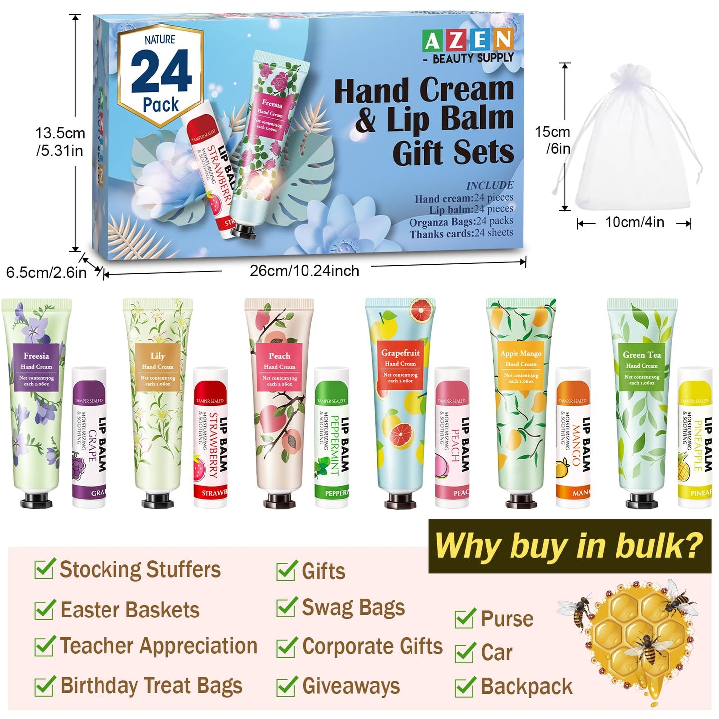AZEN 24 Sets Bulk Gifts, Hand Cream and Lip Balm Bulk Set with Organza Bag Thank You Card, Baby Shower Wedding Gift for Guests, Bridal Wedding Favors for Guests, Mothers Day Gifts Stocking Stuffers