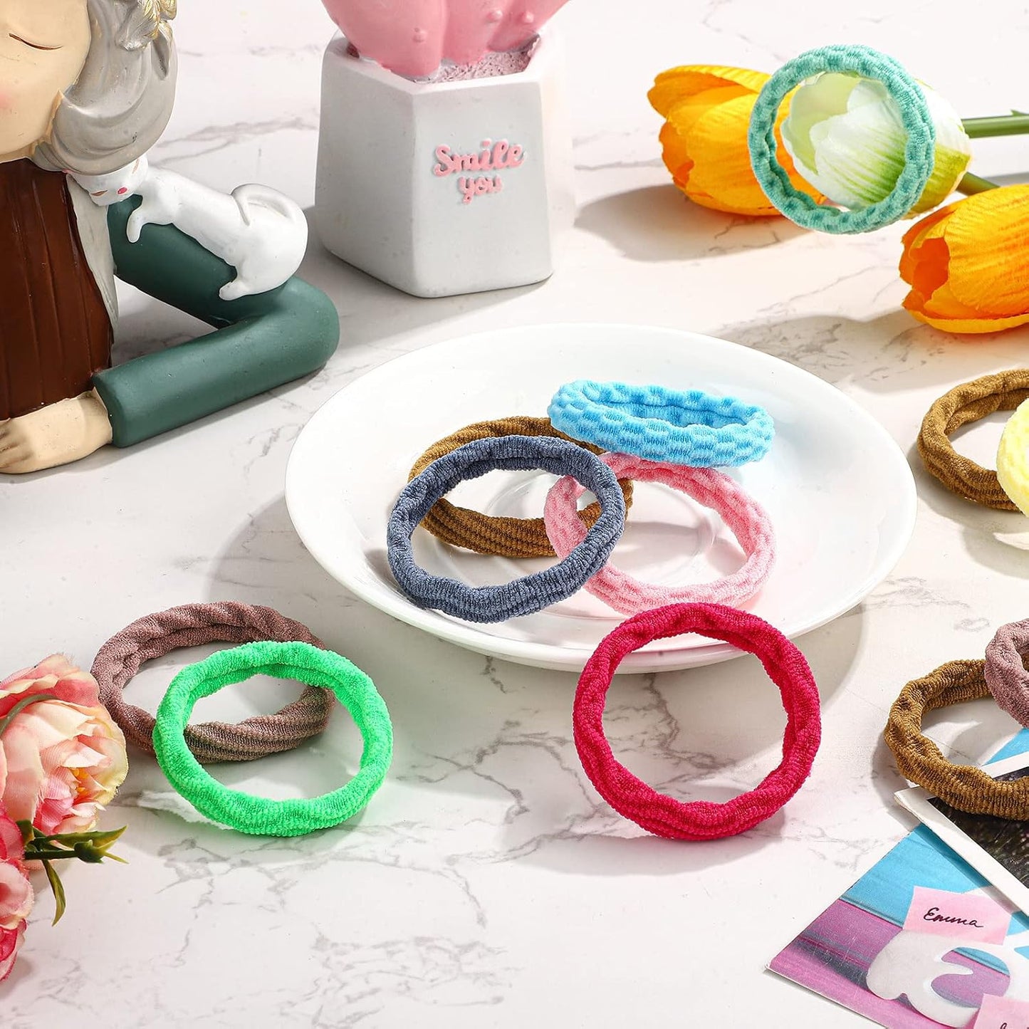 Seamless Hair Ties - 60 Cotton No-Crease Ponytail Holders for Thick Curly Hair