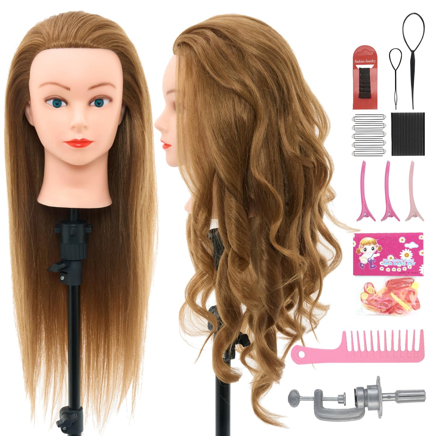 24" Mannequin Head -80% Real Hair Doll head for hair Styling, Cosmetology Mannequin Head with Hair for Braiding Curling,Cuting with Table Clamp Styling Set (Blonde)