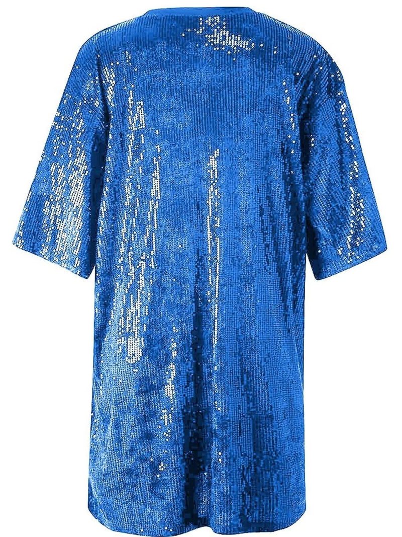 KIRJAUDU Women Sequin Glitter Letter Print 3/4 Sleeve Round Neck Party Club Mini T Shirt Dress Blue M