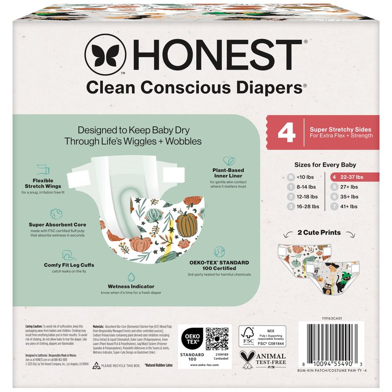 The Honest Company Comfort Dry Disposable Daytime Diapers for Sensitive Skin, Hypoallergenic, Fragrance-Free, Fall '25 Seasonal Prints, Club Box, Size 4 (22-37 lbs), 54 Count