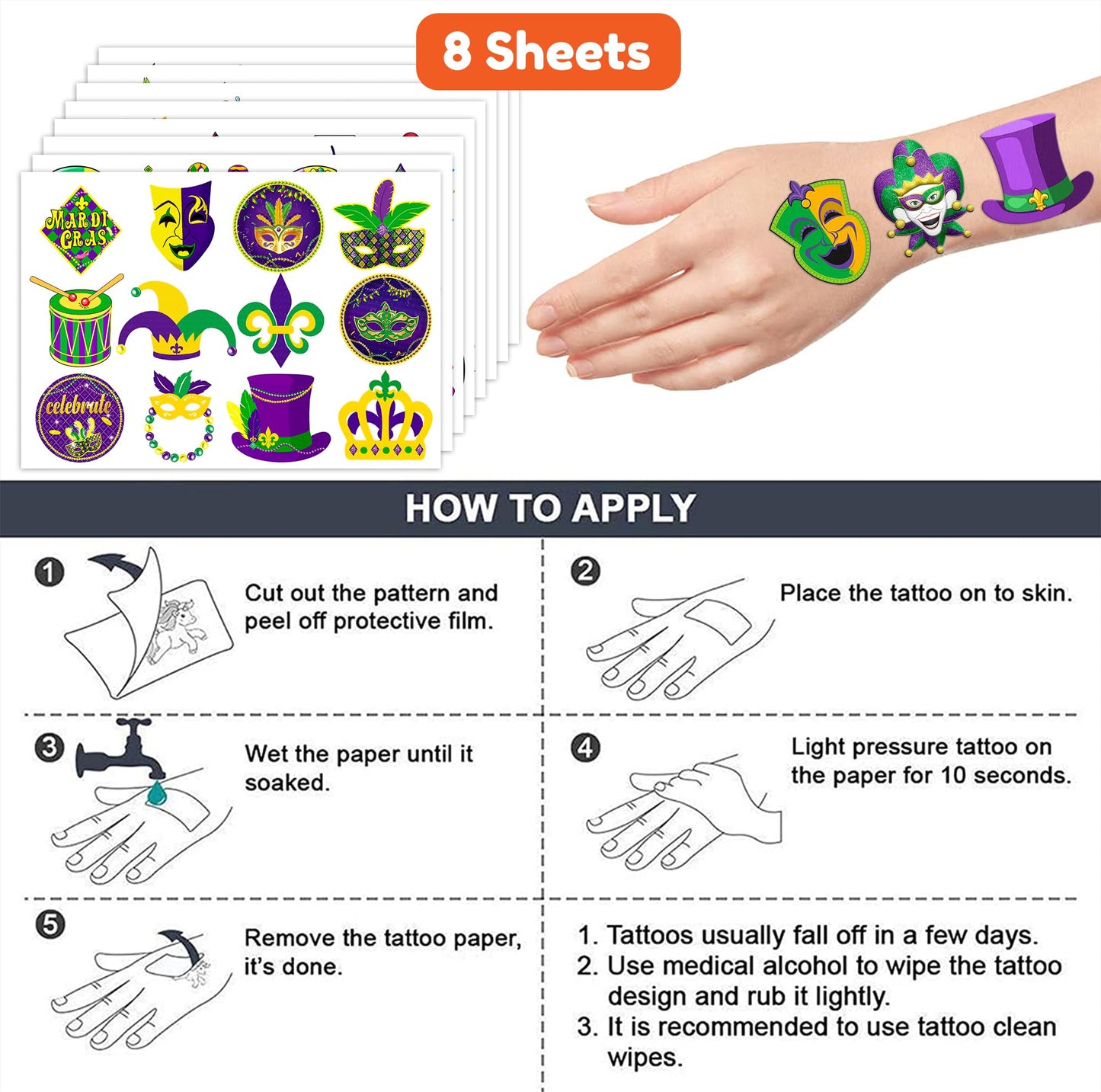 96 PCS Fat Tuesday Temporary Tattoos for Kids - Fat Tuesday Party Favors