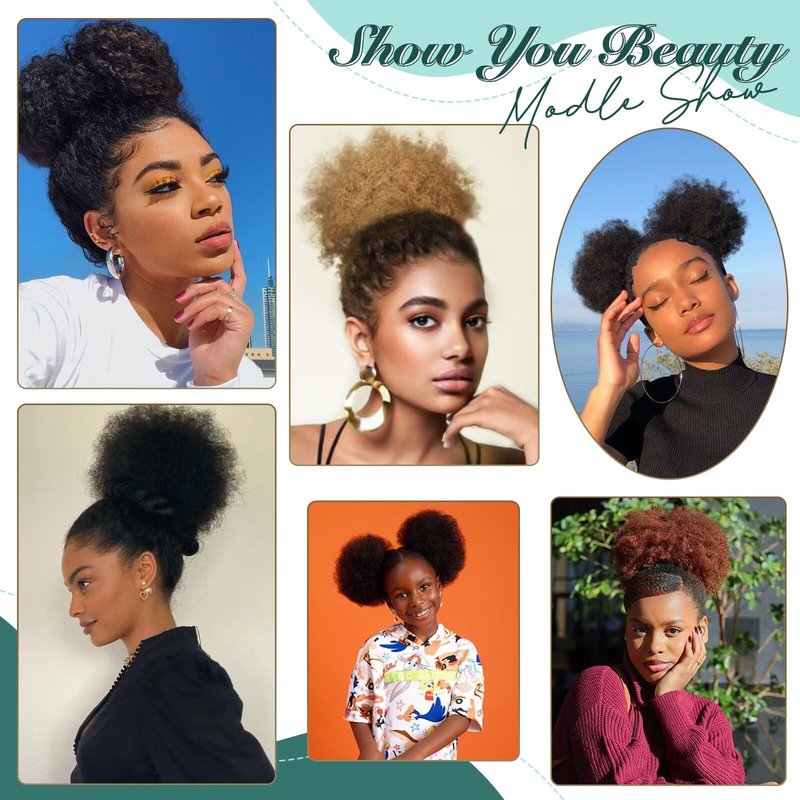 SPIKFN Afro Puff Clip On Human hair Drawstring Ponytail for Black Women,Ponytail Extension 6 Inch #2 Dark Brown 50g Short Afro Kinkys Curly Afro Bun Extension Hairpiece