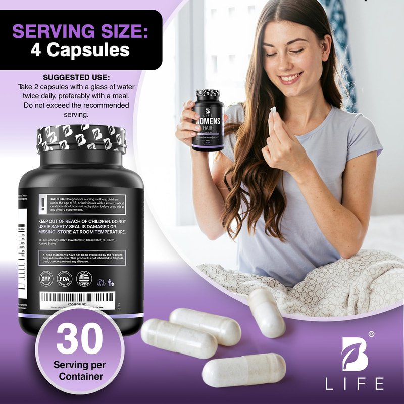B Life Company Hair Vitamins for Hair Loss for Women – Biotin for Hair Growth – Hair Loss Treatments for Women – Healthy Hair Skin and Nails –240 Capsules – 60 Servings