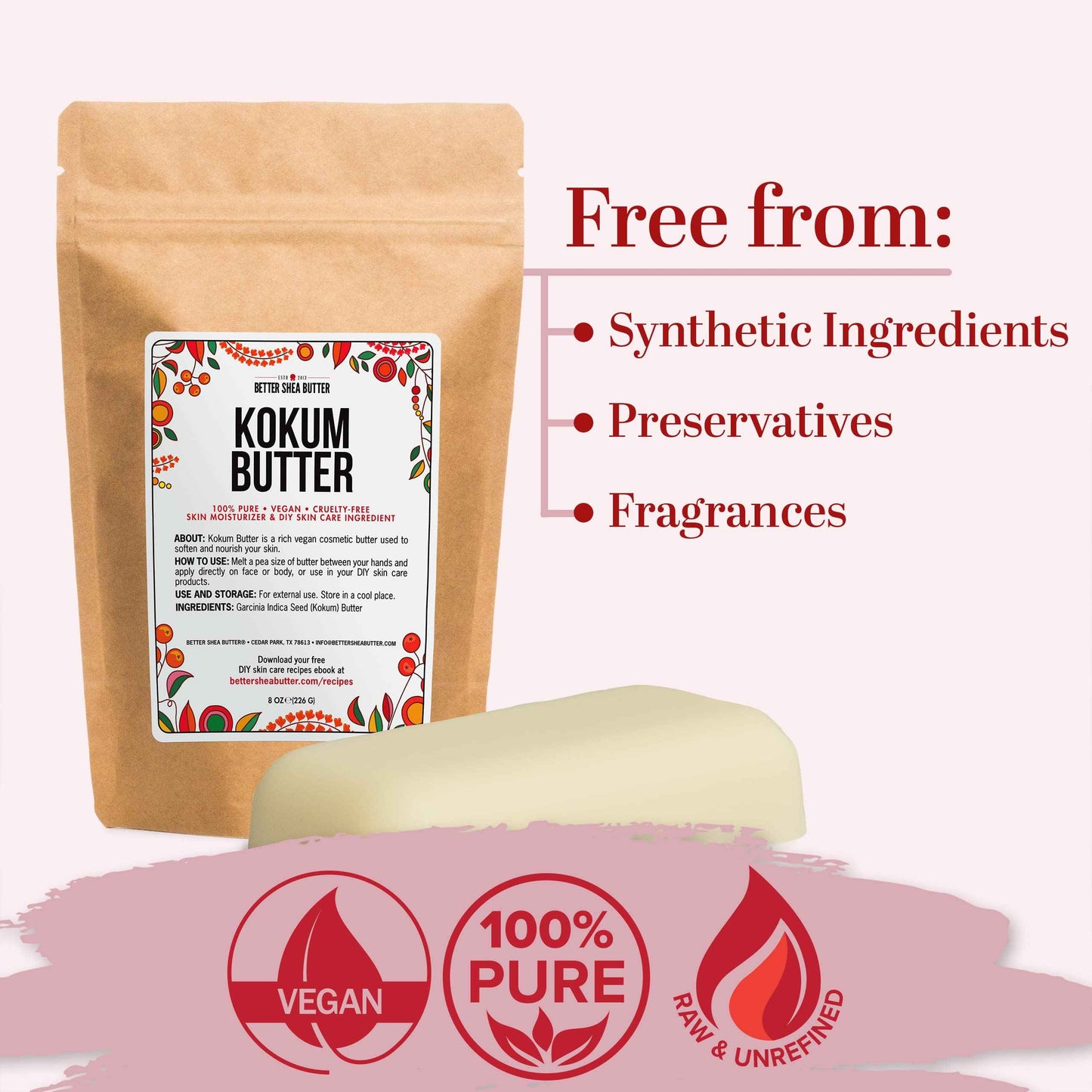 Raw Kokum Butter Unrefined - Body Butter Bar for Soap Making and DIY Skin and Hair Care Products - Pure, Unscented Moisturizer for Lotion Base - 8 oz Block
