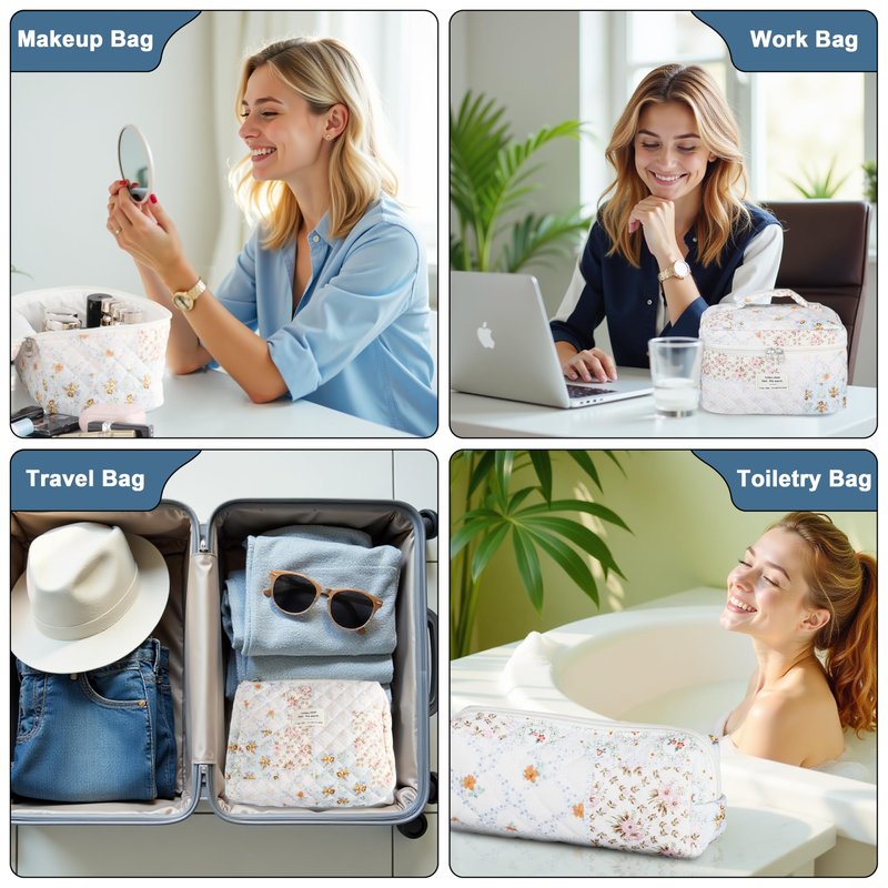 TESAFNG Quilted Makeup Bag Set - 3 PCS Cute Floral Cotton Makeup Bag, Large Coquette Aesthetic Make up Cosmetic Bag, Flower Travel Toiletry Organizer Bags for Women Girls