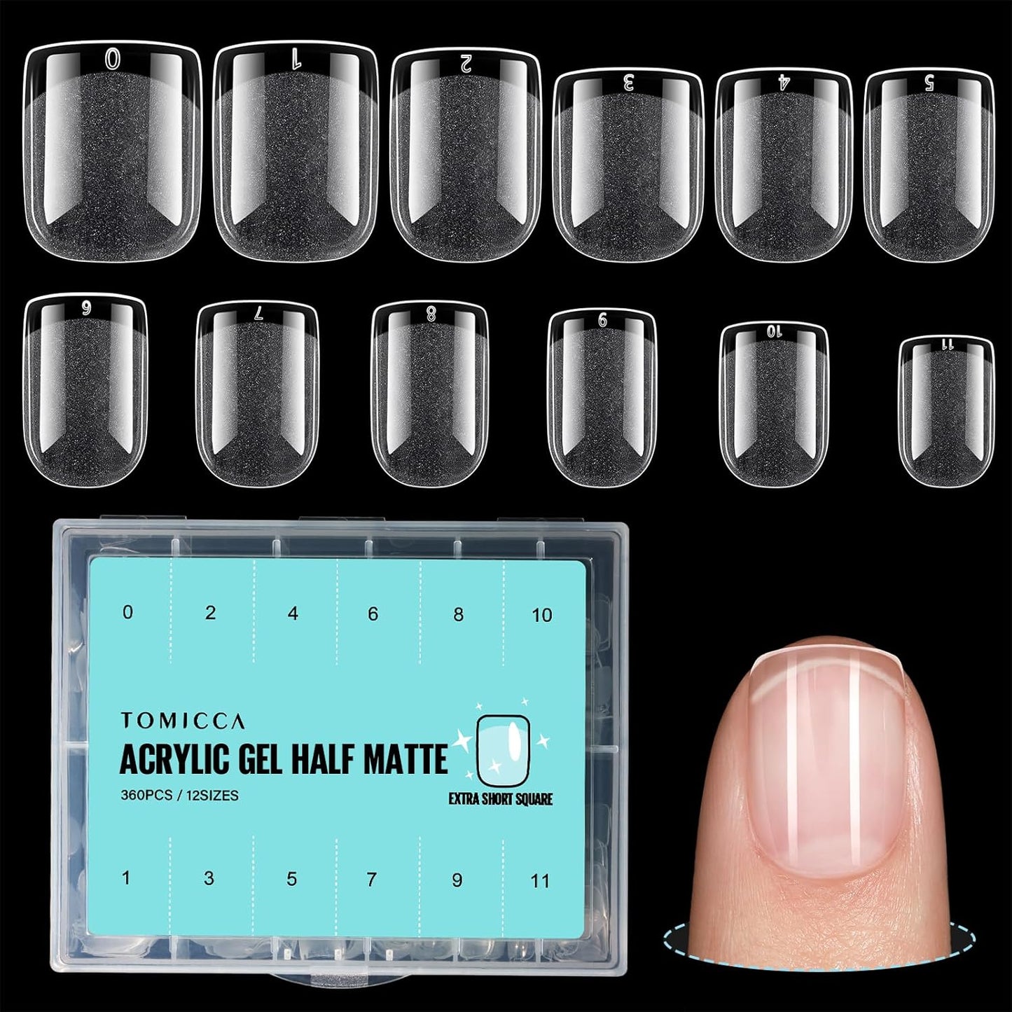 TOMICCA Short Nail Tips Extra Short Square Nail Tips, 192Pcs Fake Nails 12 Sizes Acrylic Clear Nails for Beginner and Professional DIY Gel Nails Salon