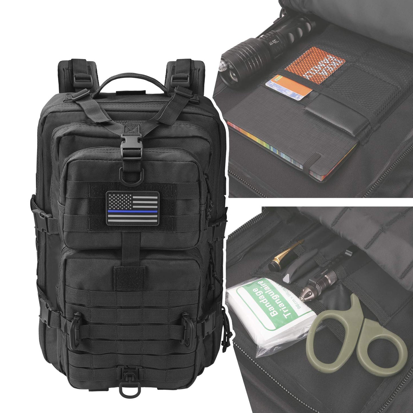 Hannibal Tactical MOLLE Assault Backpack, Tactical Backpack Military Army Camping Rucksack, 3-Day Pack Trip w/USA Flag Patch, D-Rings, Black