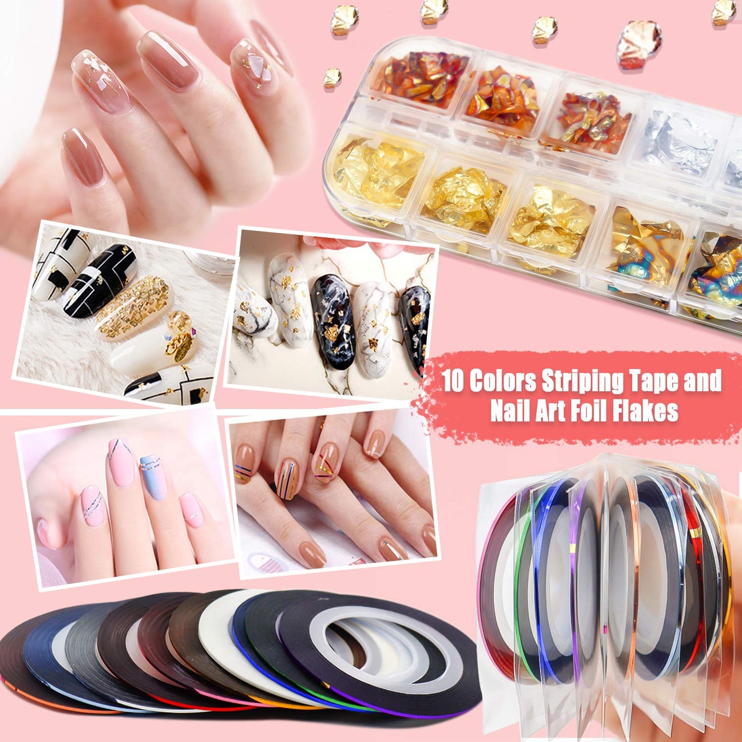 Nail Art Design Tools - 3D Decorations Kit with Brushes, Dotting Tools, Holographic Stickers, Nail Foil Tape, Rhinestones and Pick-Up Tweezers