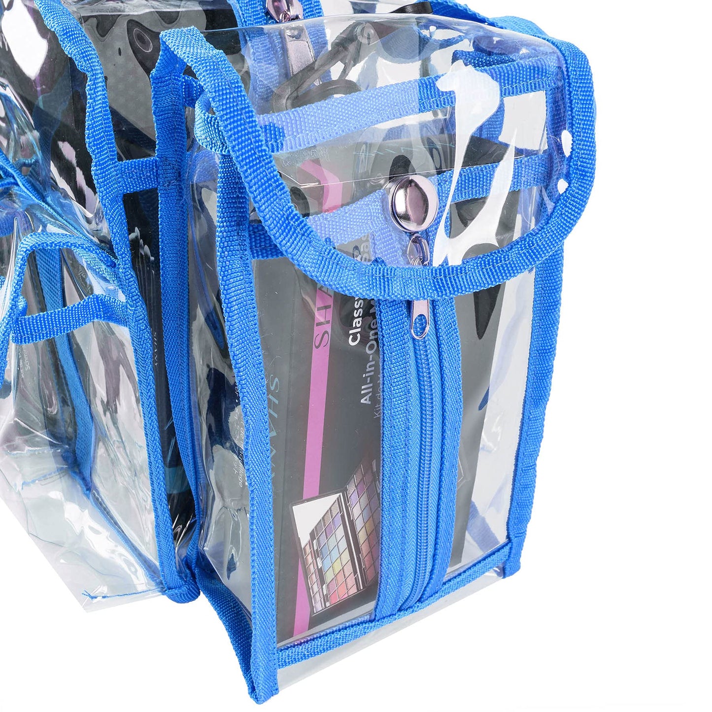 SHANY Cosmetics Shany clear pvc makeup bag - large professional makeup artist rectangular tote with shoulder strap and 5 external pockets - blue, Blue