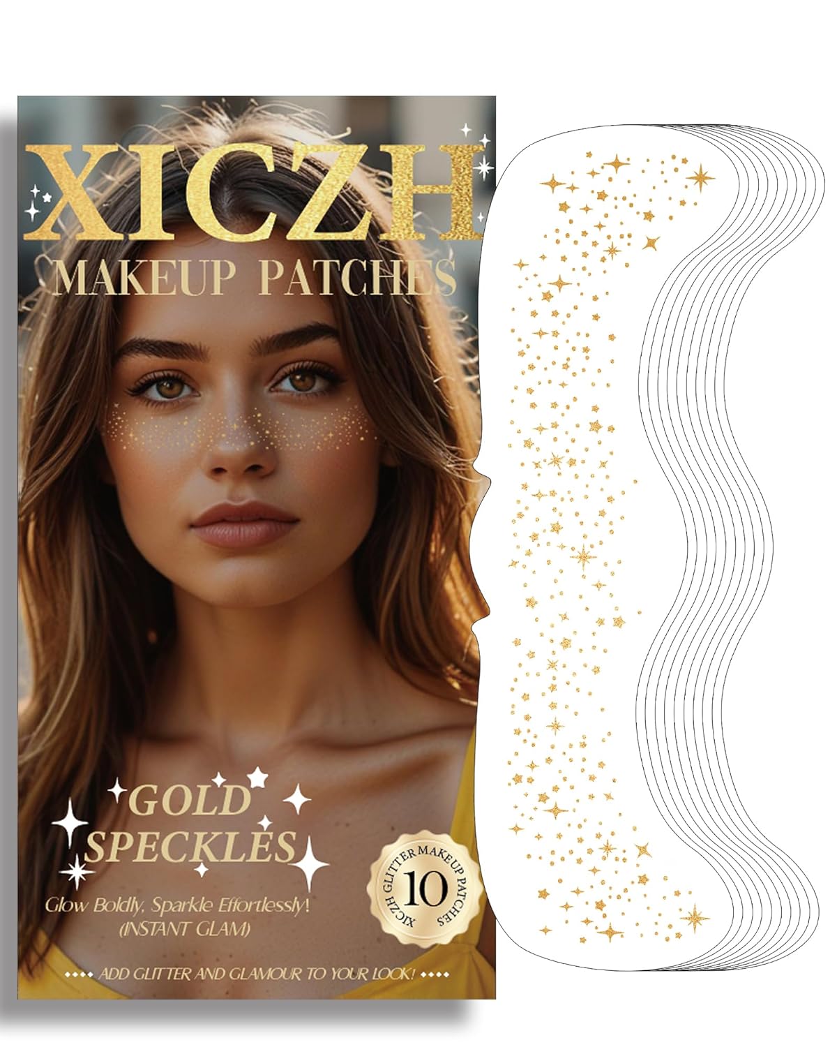 Face Glitter, Gold Temporary Face Tattoos Stickers, Body Face Glitter for Women Girls, Country Concerts Singer Festival Rave Accessories (Gold - 10 pcs)