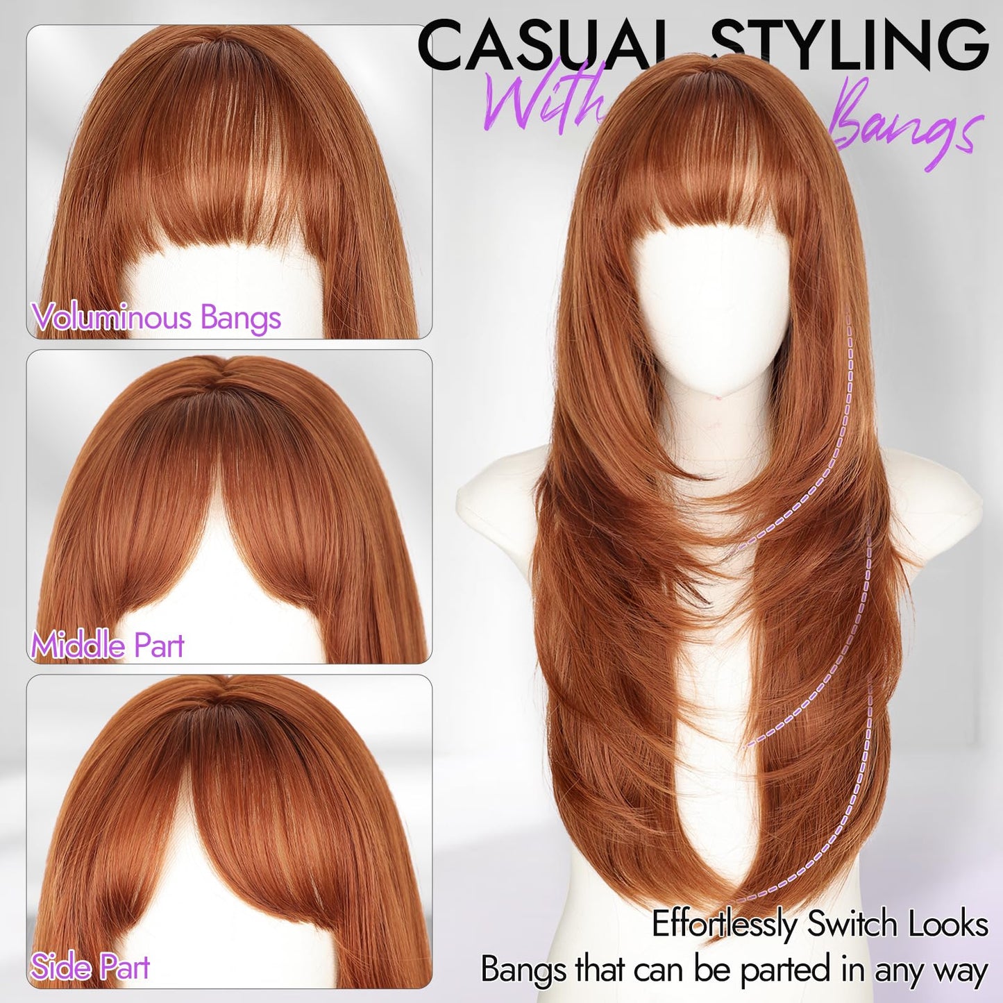 Eawwii Long Ginger Wig with Bangs for Women,4x4 Realistic Scalp, Free Parting,Layered Hairstyle Synthetic Heat Resistant for Daily Party Use 26 inch