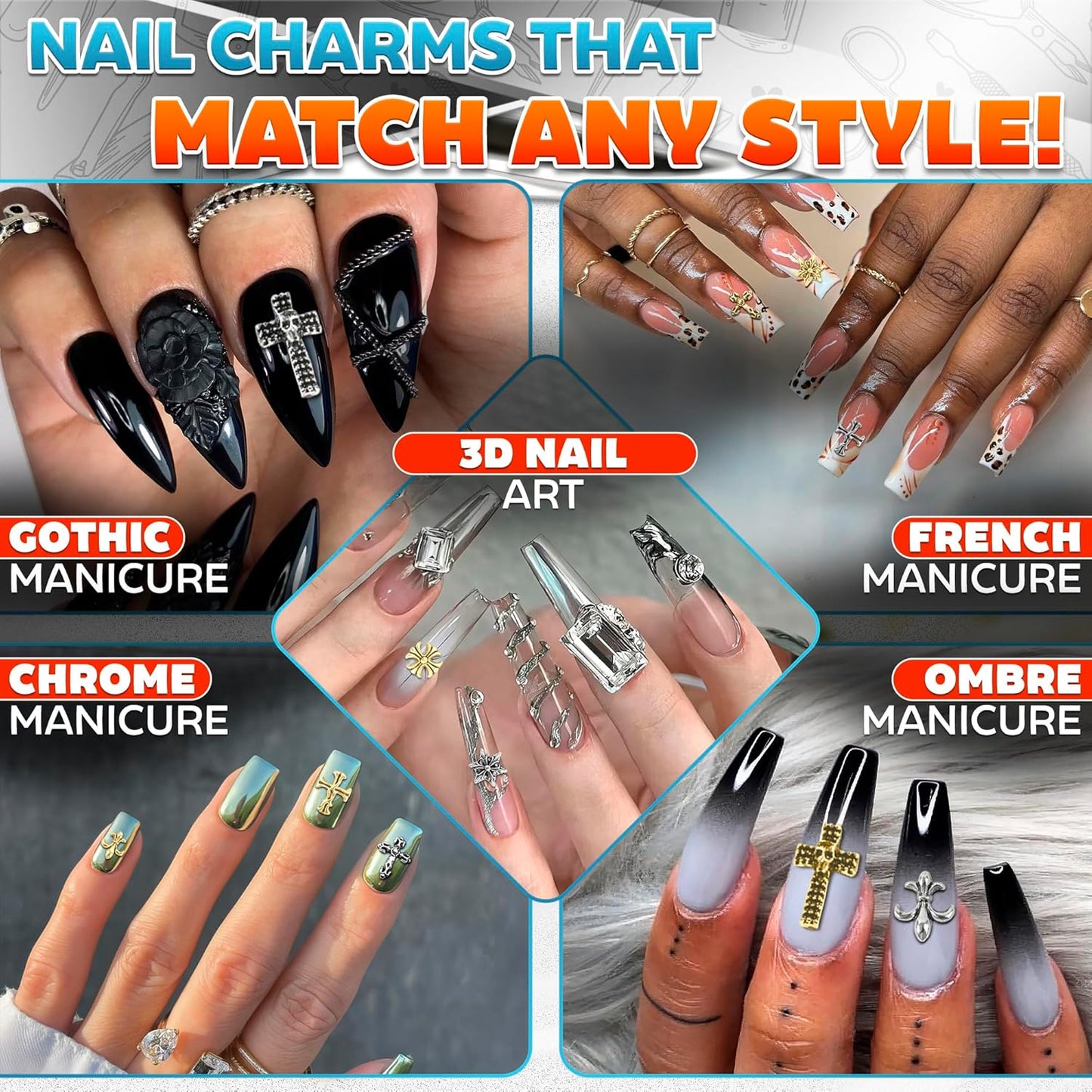 100 Pcs Silver Cross Nail Charms and Gems – 3D Acrylic Cross Charms for Nails for DIY & Professional Manicure – Easy-to-Apply & Durable Nail Decorations, Versatile for Y2K & Nail Studs