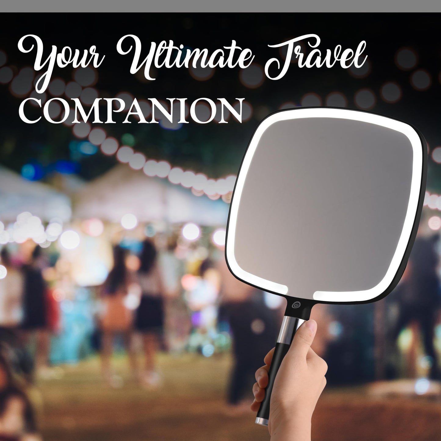 MIRRORVANA Lighted Travel Makeup Mirror - 2 in 1 Handheld & Tabletop LED Mirror with 3 Light Modes, Detachable Stand, and Comfy Handle - 9" x 13" (Black)