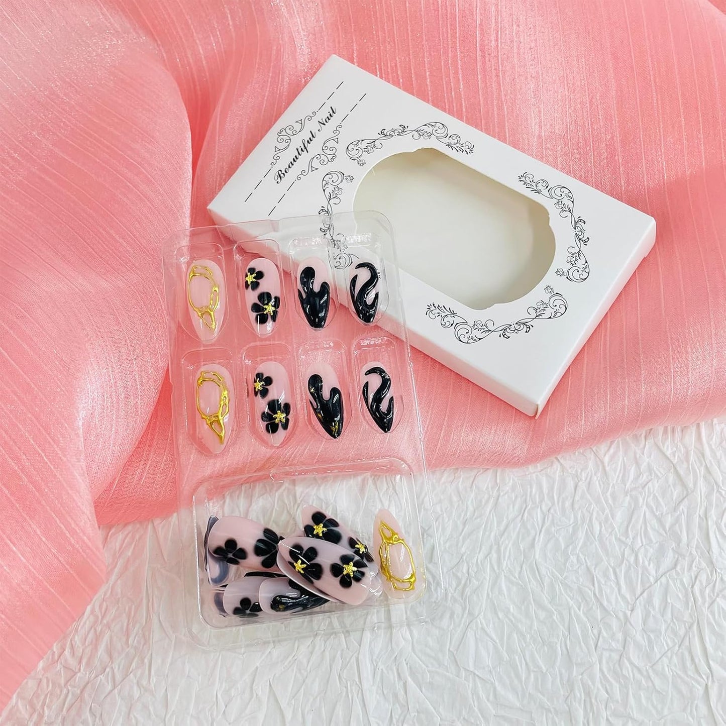 French Tip Almond Press-On Nails with Gold Bow | Reusable Glossy Acrylic False Nails for Women