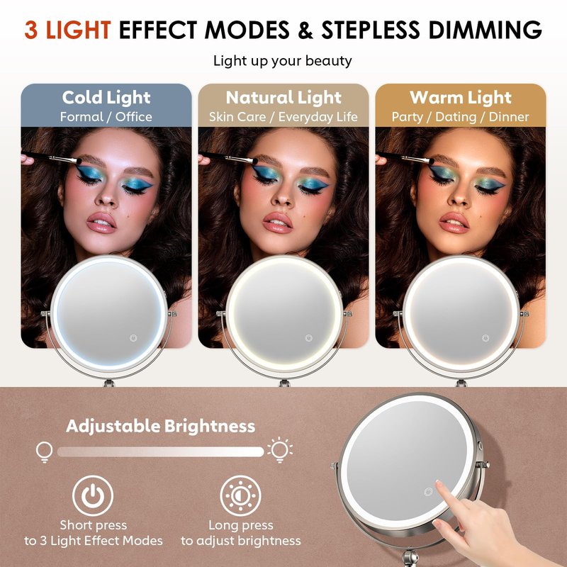 ZLOKLA 9" Wall Mounted Lighted Makeup Mirror,4000mAh Rechargeable Double Sided 1X/20X Magnifying Mirror with Light,Touch Dimmable,Extended Arm 360 Rotation Wall Mounted Makeup Mirror 3 Color Lights-N