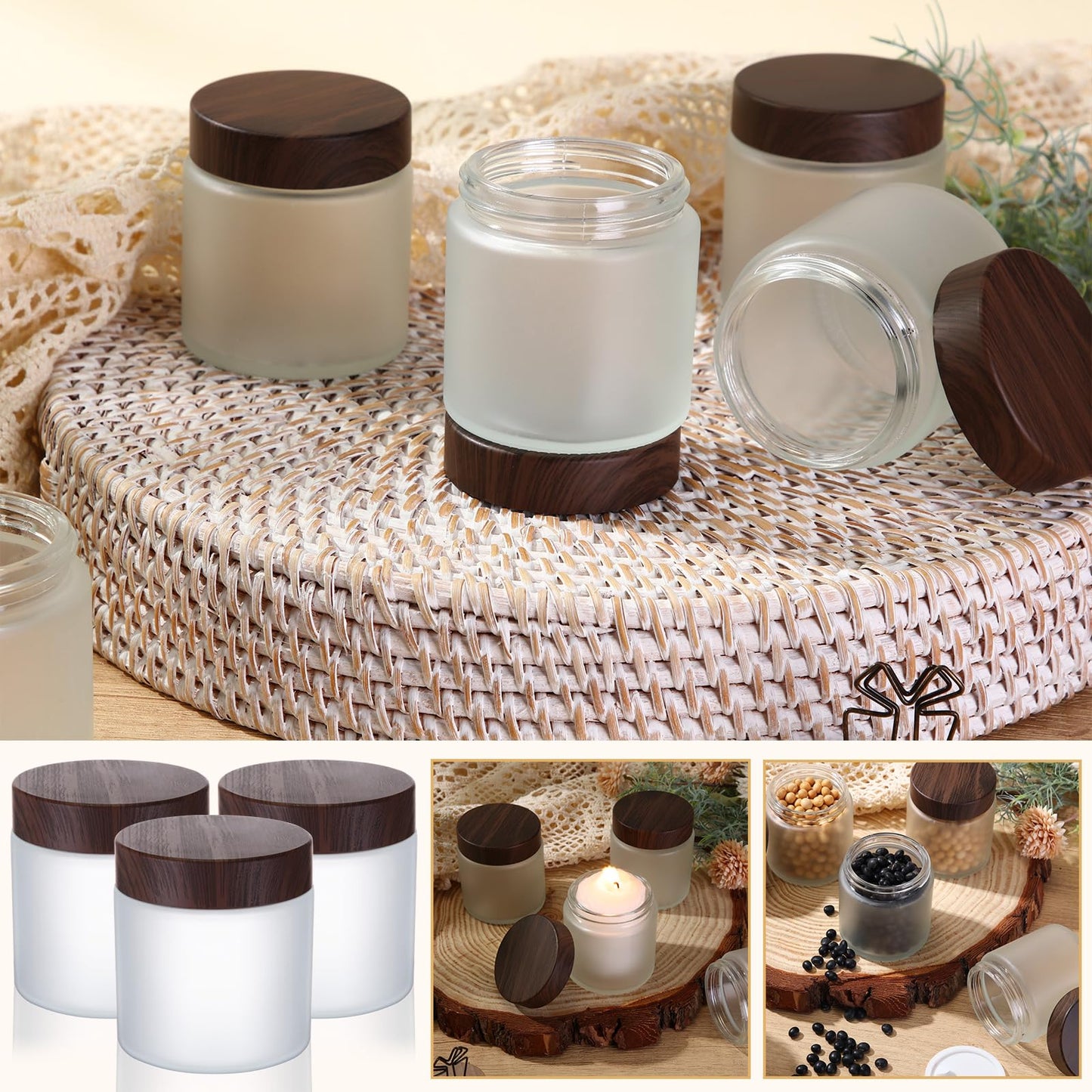 Geiserailie 30 Pcs 3.5oz Glass Jars with Plastic Wood Grain Lids Leakproof Airtight Empty Cosmetic Jars Sample Containers for Storing Lotions Powder Ointments Candle Making(Dark Brown)