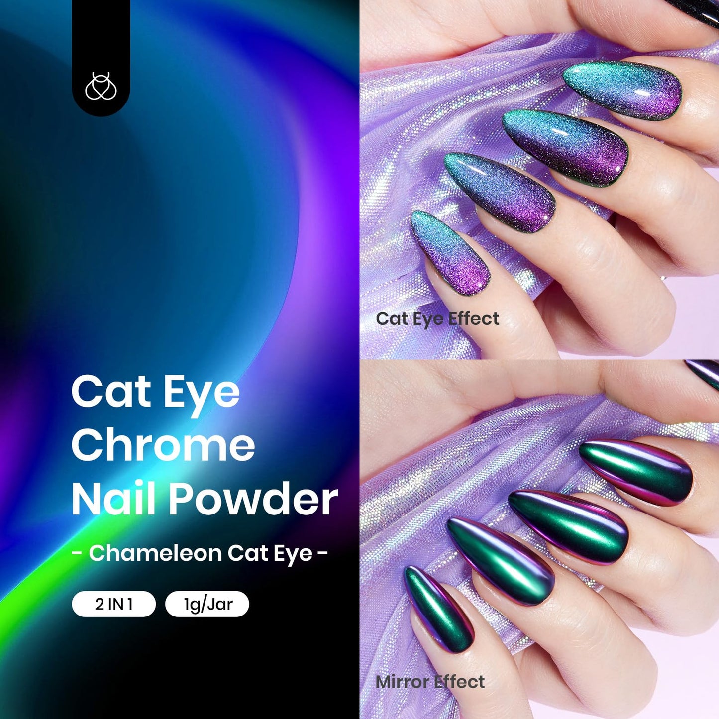 Beetles Cat Eye Chrome Nail Powder Set, 2 in 1 Holographic Metallic Mirror Effect Chameleon Galaxy Powder with No Wipe UV Gel Top Coat Magnet for Velvet Metallic Nail Art