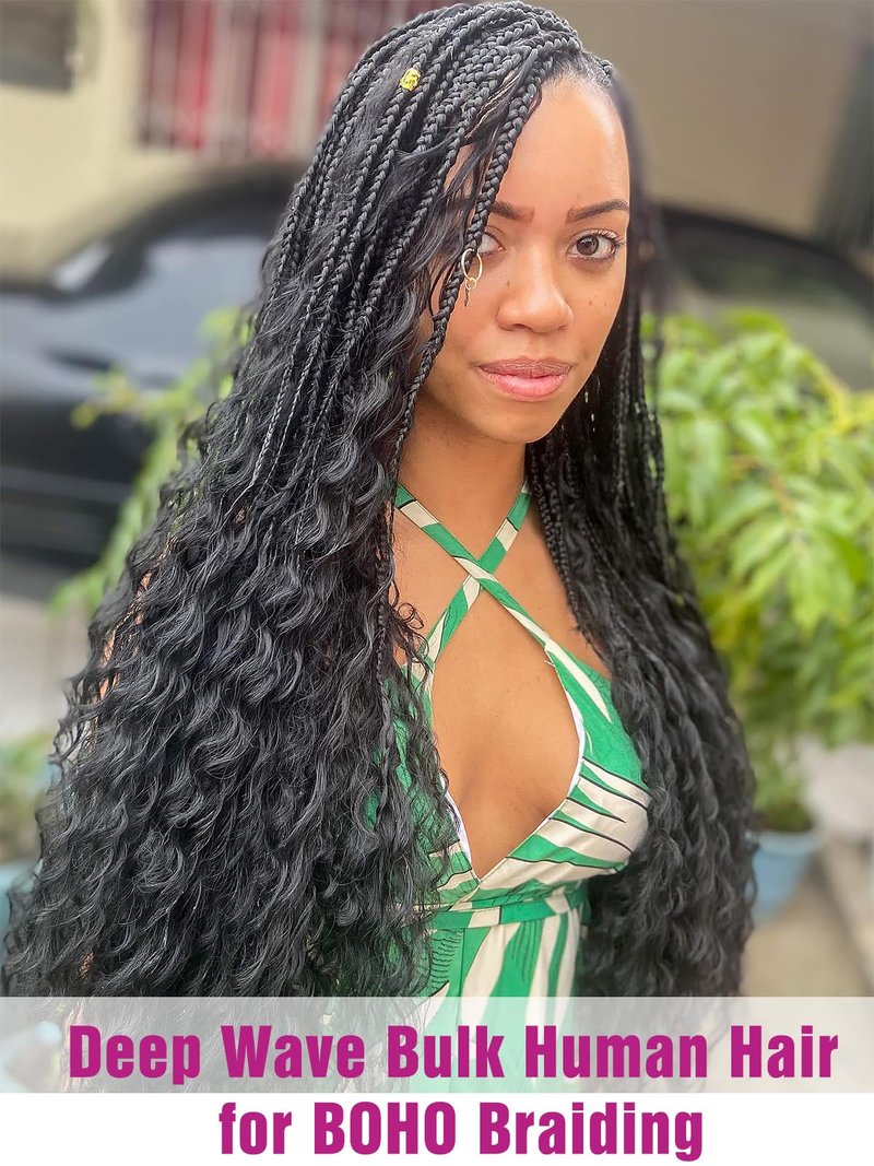 Human Braiding Hair Deep Wave Bulk Human Hair,1B Black No Weft Curly Braiding Hair Extensions for Boho Braids Wet and Wavy Braiding Human Hair Bundles(18inch,1B,100g)
