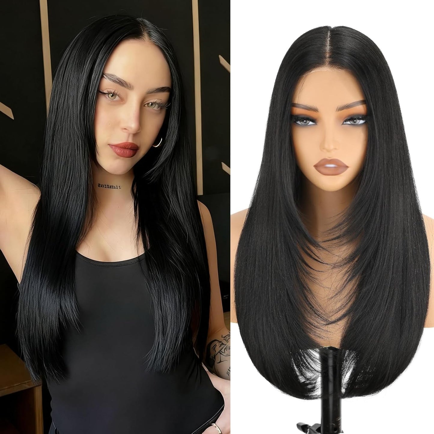 NOSTALGIA Black Glueless Lace Front Wig - 26 Inch Straight Synthetic Layered Style for Women
