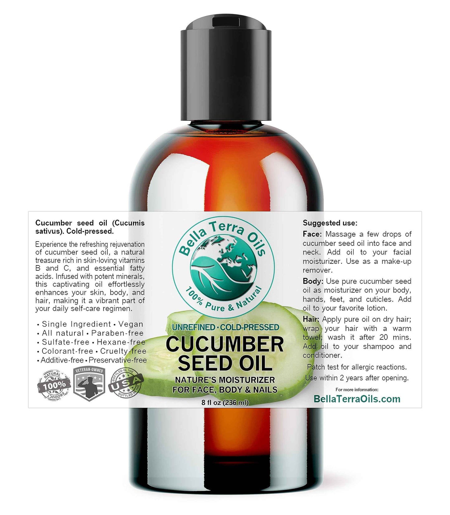 Bella Terra Oils - Cucumber Seed Oil 8 oz - Dive into Cucumber's Nutritional Treasure, Infused with Vitamins & Omega-3, Seamless Addition to Skin Care Arsenal