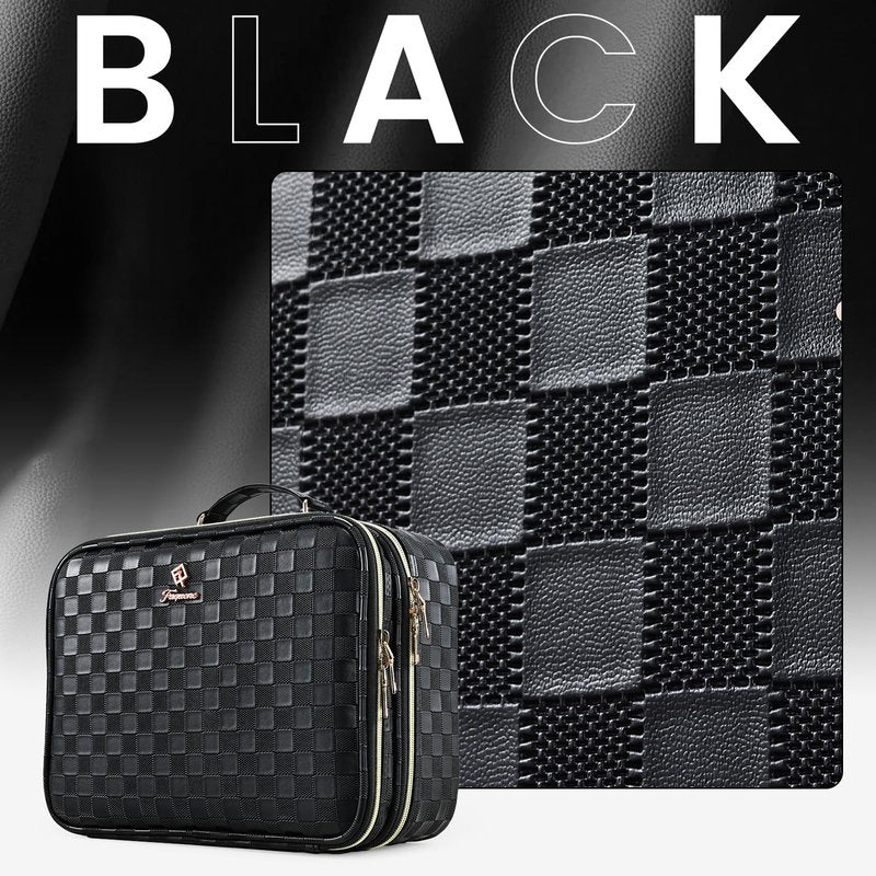 Makeup Bag with LED Lighted Mirror 12.2 IN Cosmetic Train Case Double Layer Makeup Case Adjustable Brightness in 3 Colors Cosmetic Organizer Artist Storage with Brush Holder Vanity Black Checkerboard