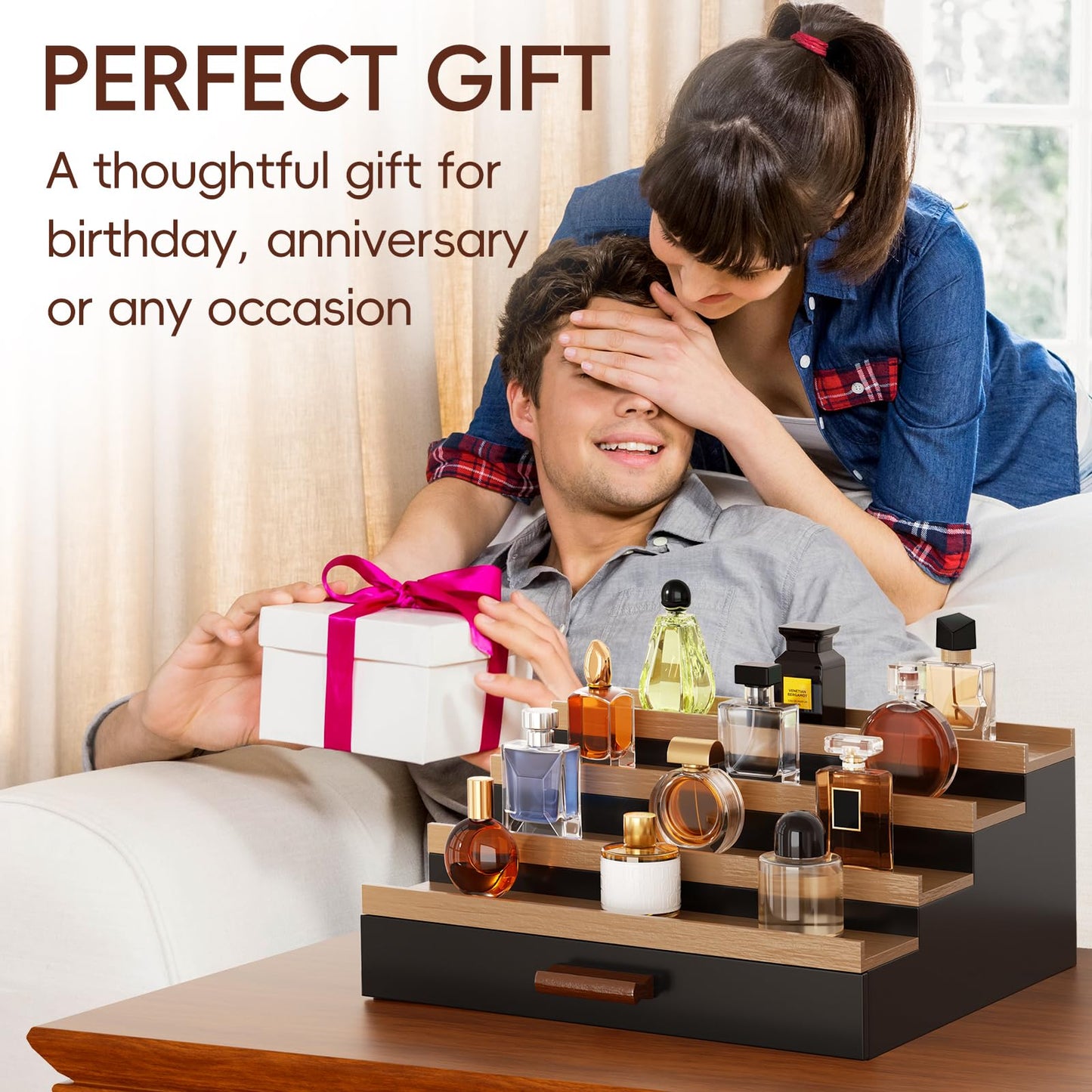 4 Tier Cologne Organizer for Men, Wooden Cologne Stand, Perfume Display Stand with Felt Lining Drawer & 2 Hidden Compartments, Gift for Men, Walnut