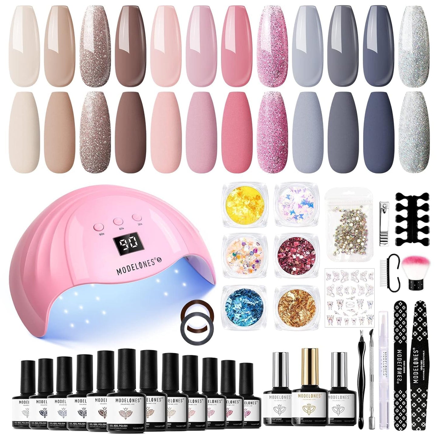 Modelones Nail Polish Set - 6 Quick Dry Colors | Milky White, Nude Pink, Iridescent Grey, Pearlescent Finish