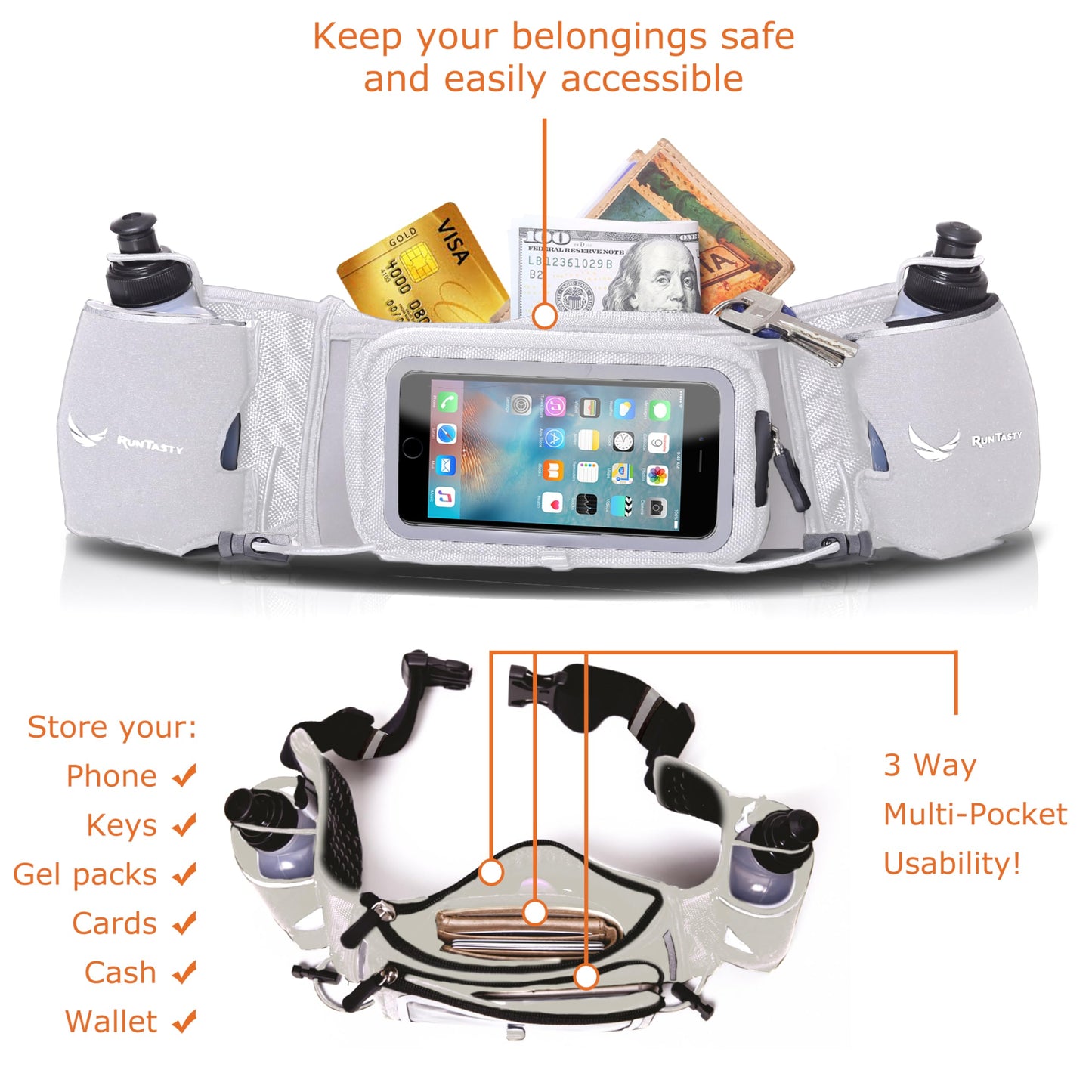 No.1 Hydration Belt by Runtasty - Premium Winners' Running Fuel Belt w/2 BPA-Free 10 oz Water Bottles, Tilt-Up Pocket w/Touchscreen-Ready Cover - Fits All iPhones, No-Bounce Design (Platinum Gray)