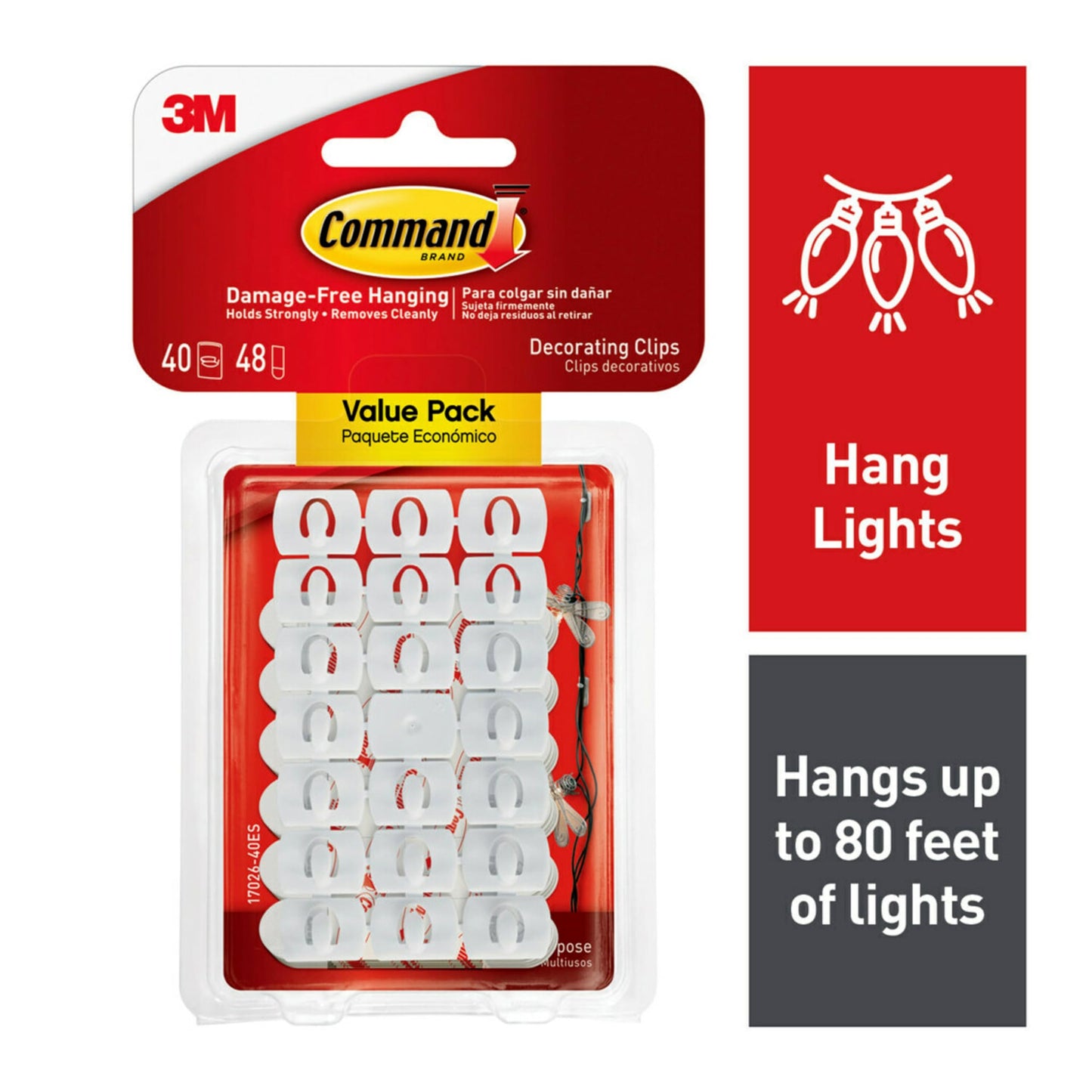 Command Decorating Clips, 40 Clips and 48 Command Strips, Damage-Free Hanging Light Clips with Adhesive Strips, No Tools Small Wall Clips for Hanging Lights and Cables