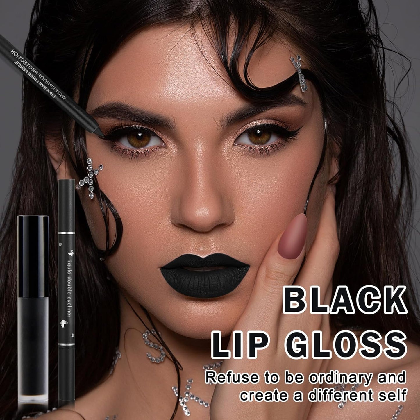 Black Matte Lipstick Set - 3PCS Lip Liner & Liquid Eyeliner Stamp | Long-Lasting Smudge-Proof for Halloween & Goth Makeup