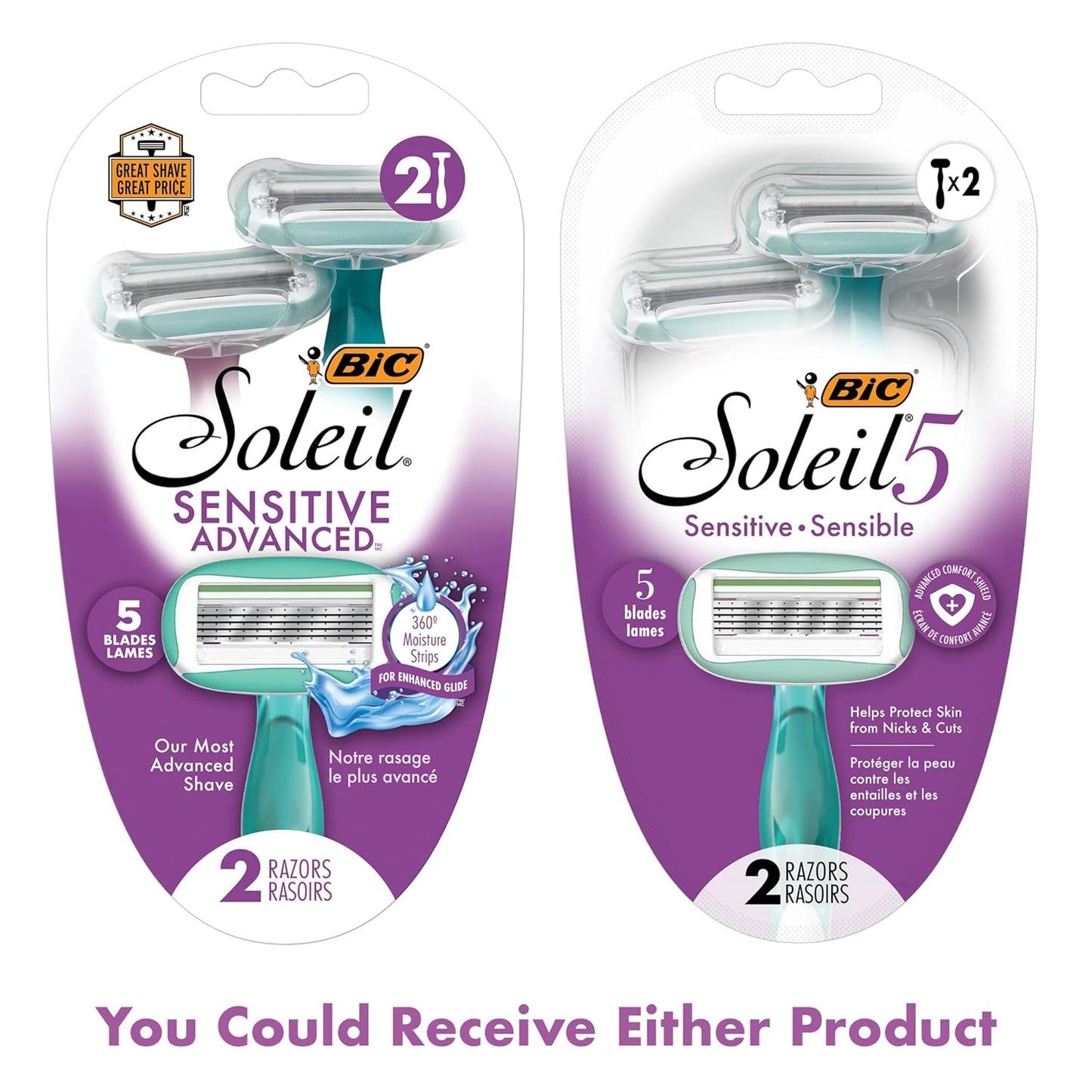 BIC Soleil Sensitive Advanced Women's Disposable Razors With 360 Degree Moisture Strips For Enhanced Glide, Shaving Razors With 5 Blades, 2 Count