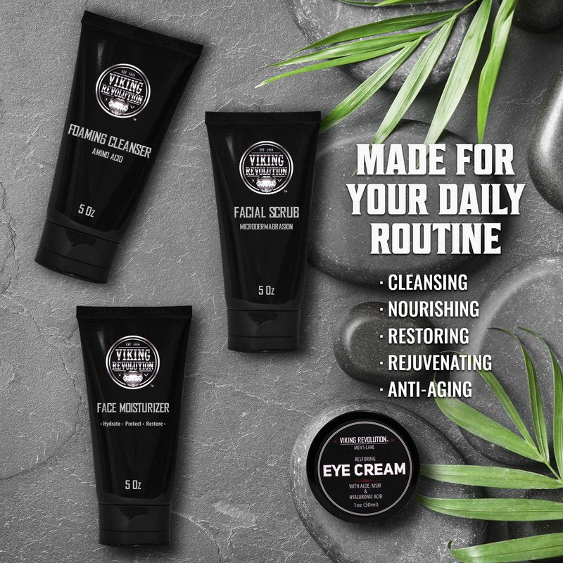 Viking Revolution Men's Facial Skin Care Kit | Moisturizer, Scrub, Cleanser & Eye Cream - 5oz Each, 1oz Eye Cream