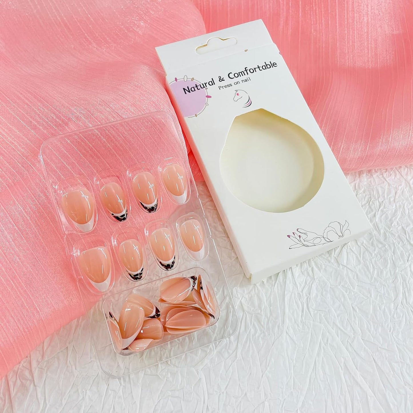 French Tip Almond Press-On Nails with Gold Bow | Reusable Glossy Acrylic False Nails for Women