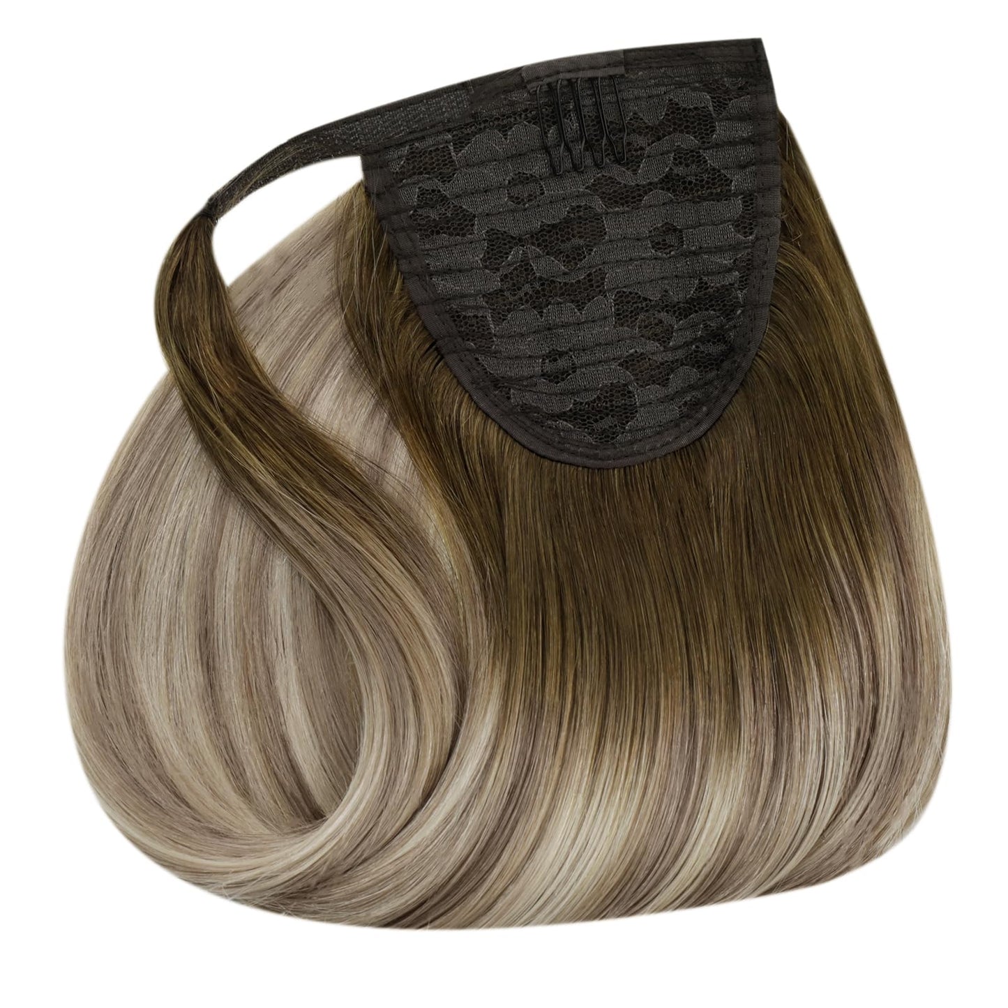Easyouth Ponytail Extension Human Hair 12 Inch 70G Ombre Brown Human Hair Ponytail Extension for Women Short Lengths Balayage Dark Brown to Light Brown with Blonde Add Volume