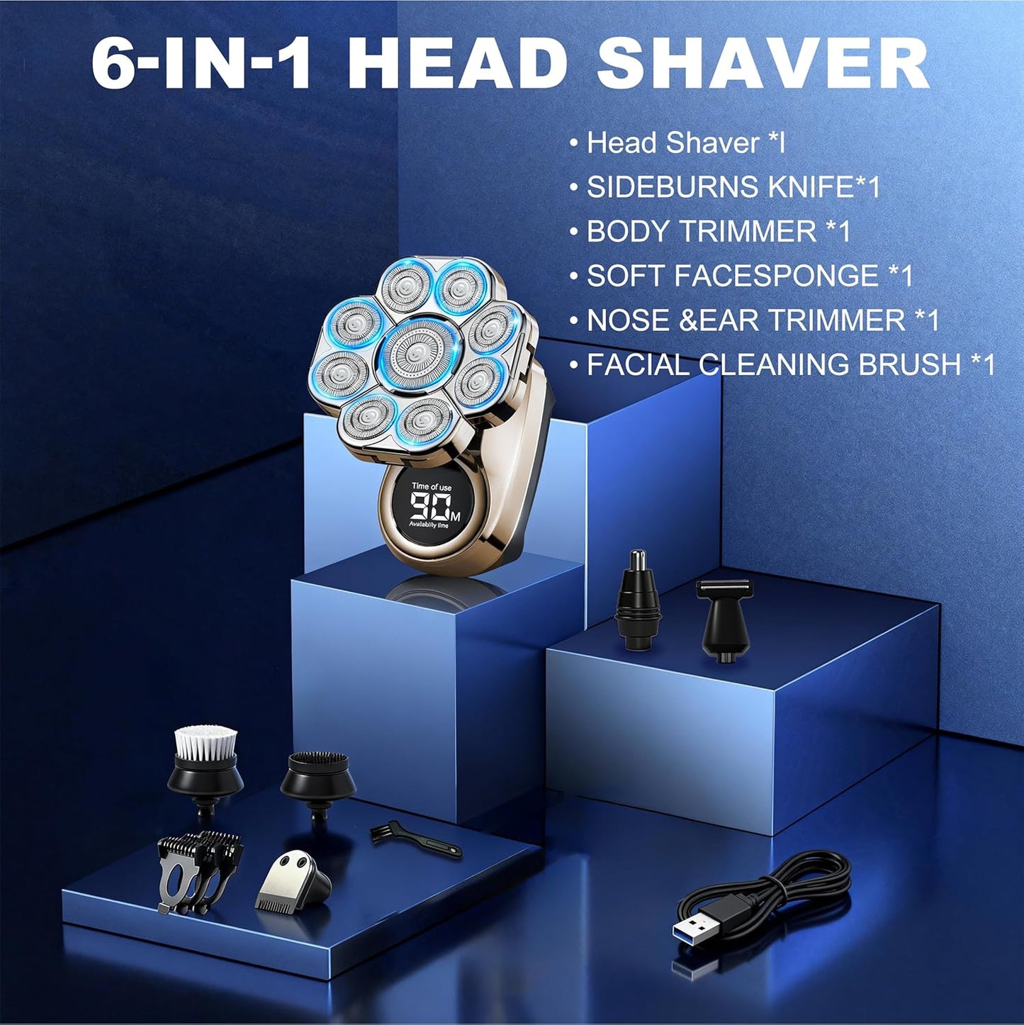 Head Shaver for Bald Men - 9D Floating Blades, IPX7 Waterproof, LED Display | Rechargeable Cordless Razor
