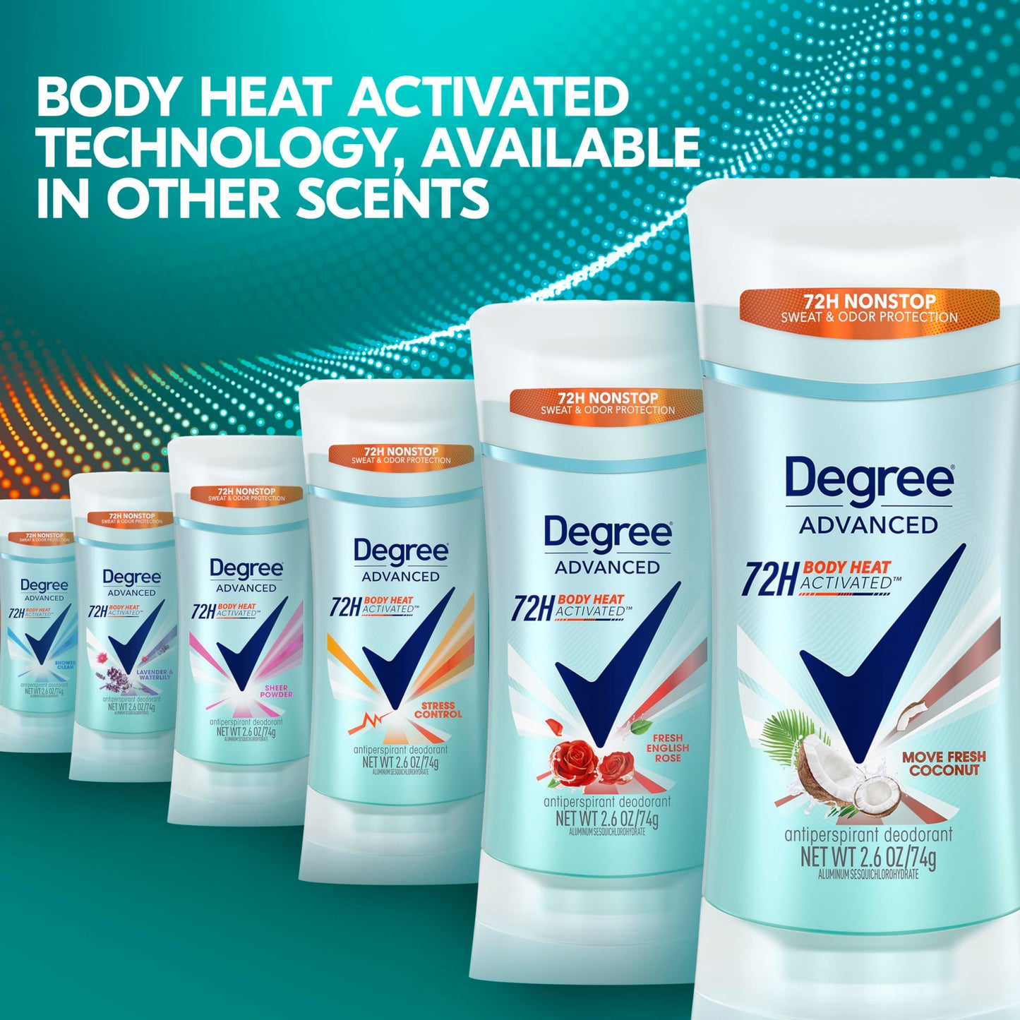 Degree Advanced Antiperspirant Deodorant Move Fresh Coconut 4 Count 72-Hour Sweat & Odor Protection Antiperspirant for Women with MotionSense Technology 2.6 oz